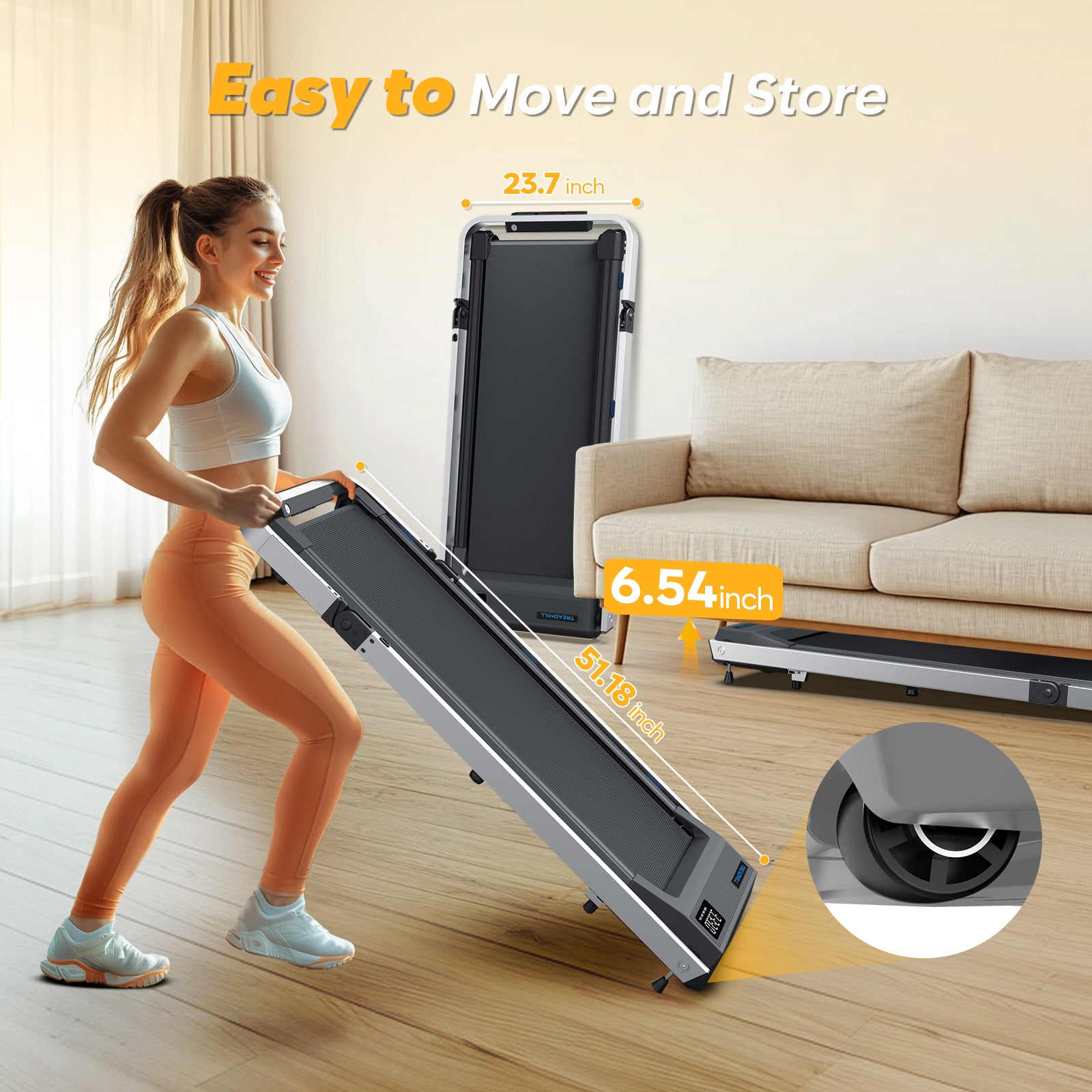 WELLFIT TM020 it is a treadmill with desk comes with transport wheels, it is easy to move and store.
