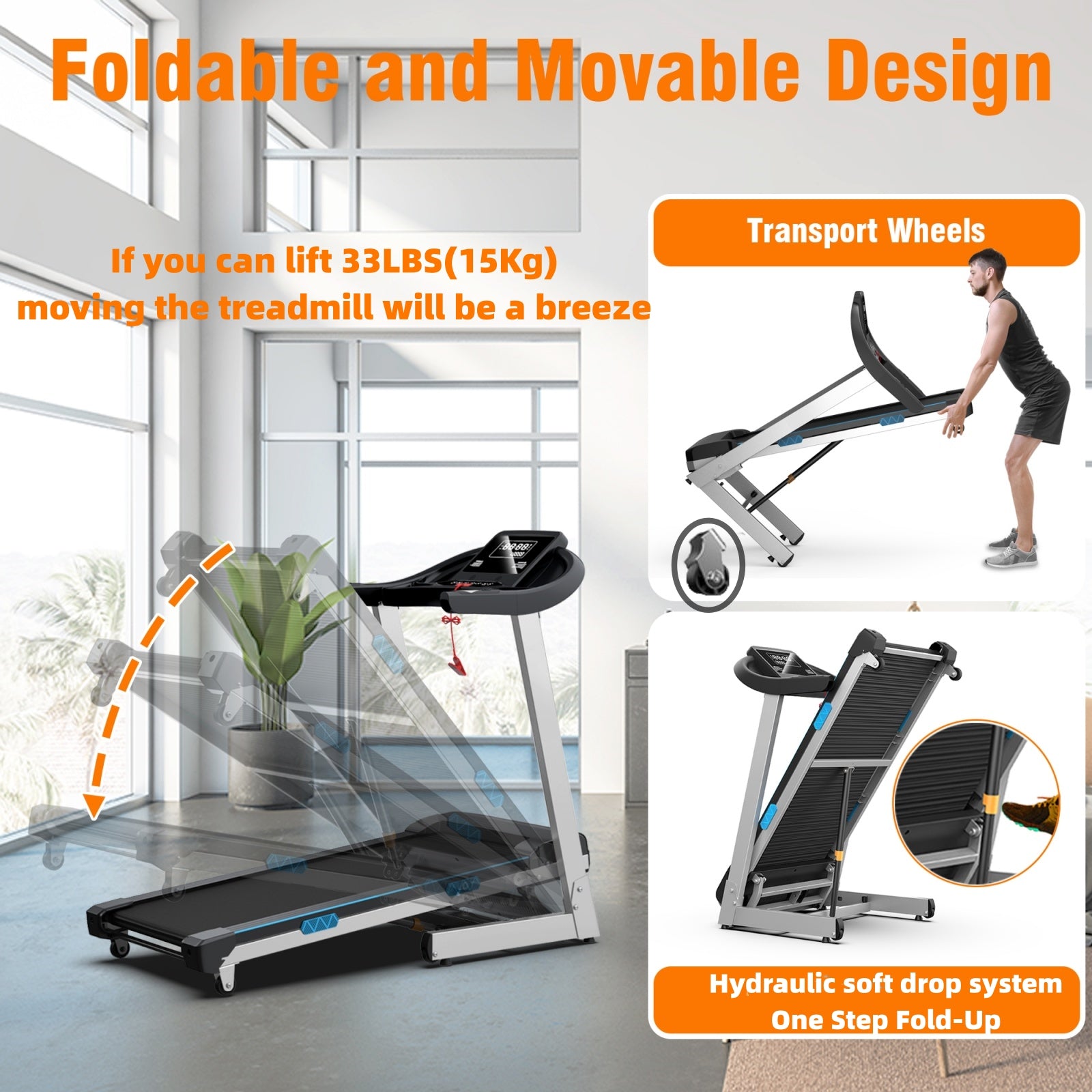 TM007 Foldable Auto 15% Incline Treadmill 350 LBS Capacity