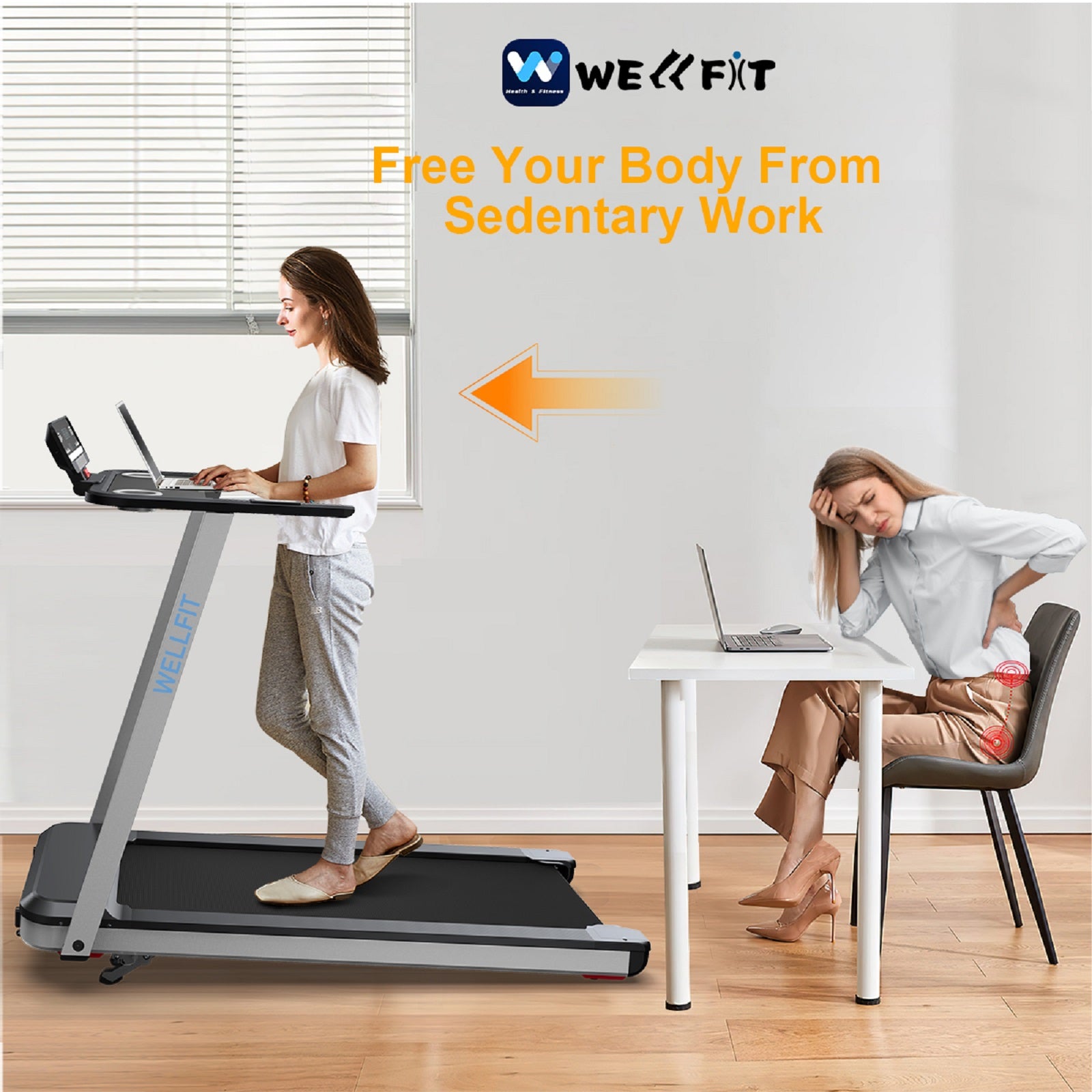 WELLFIT TM006 treadmill with desk to work and workout together
