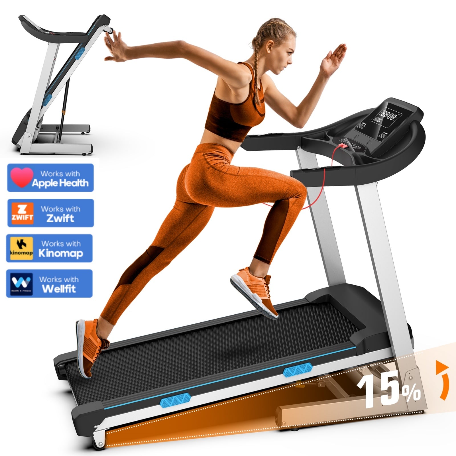TM007 Foldable Auto 15% Incline Treadmill 350 LBS Capacity