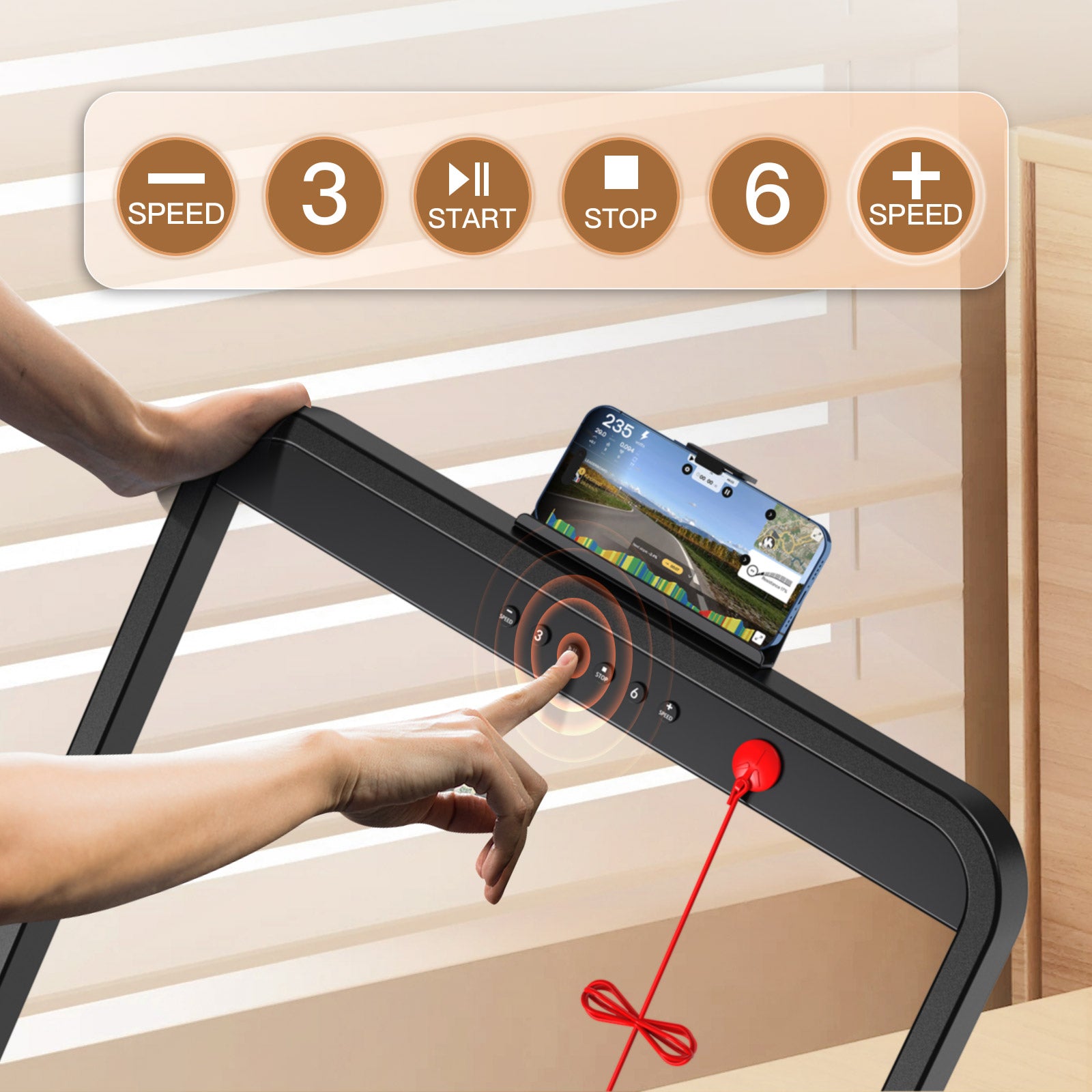 TM010 treadmill with console buttons to control