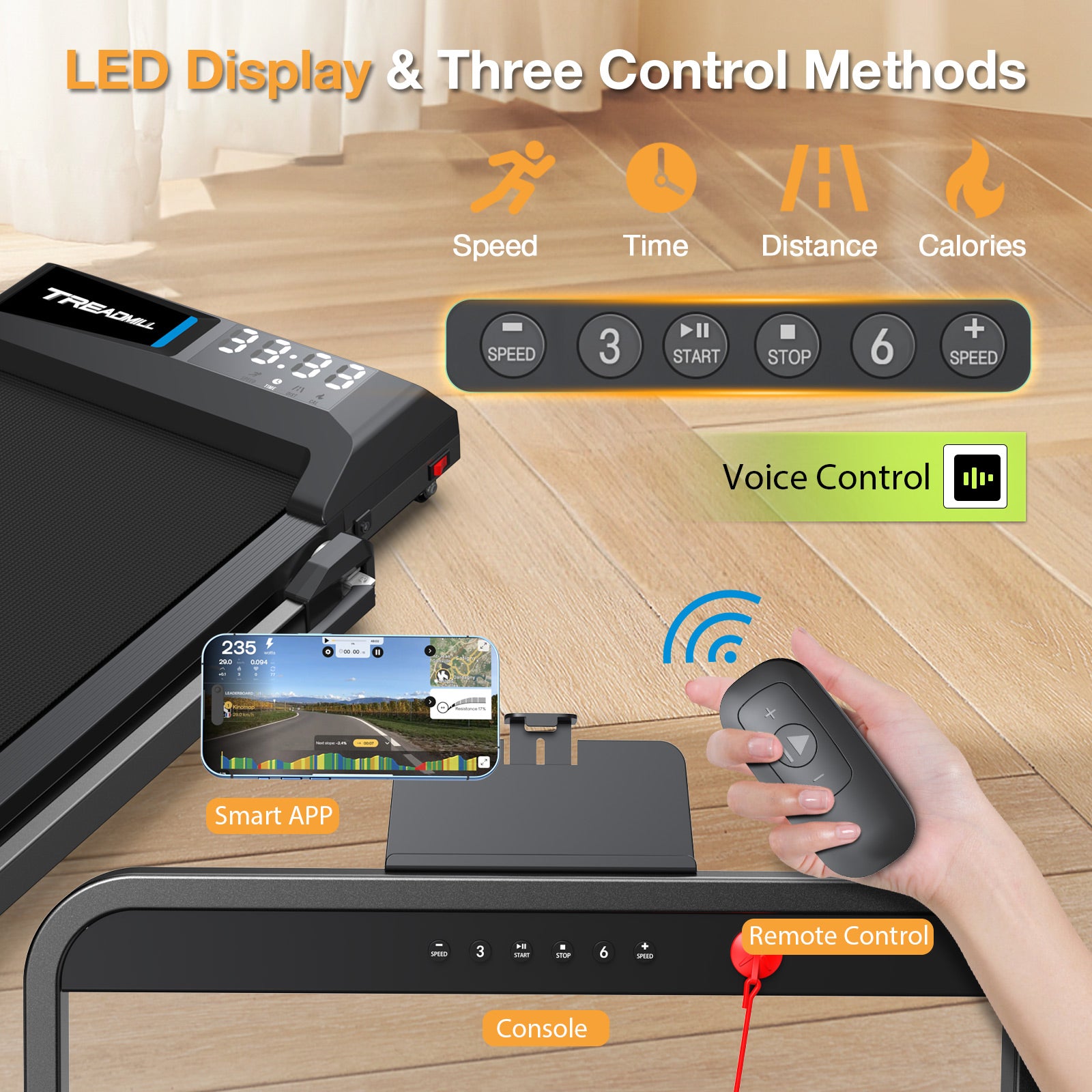 TM010 treadmill with different control methods