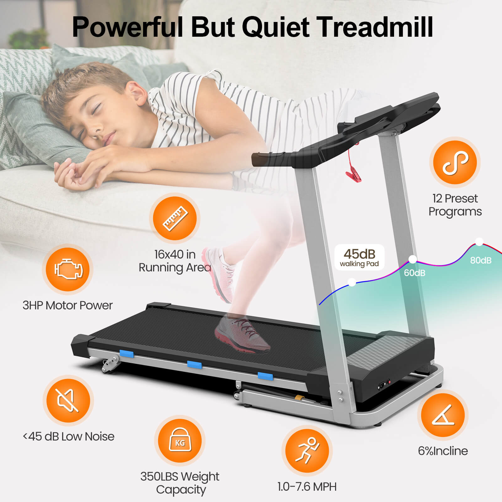 WELLFIT TM015 is a quiet treadmill but with powerful motor features in 3 HP. It is lower than 45 db when it works, you can run for workout even when your baby is sleeping.