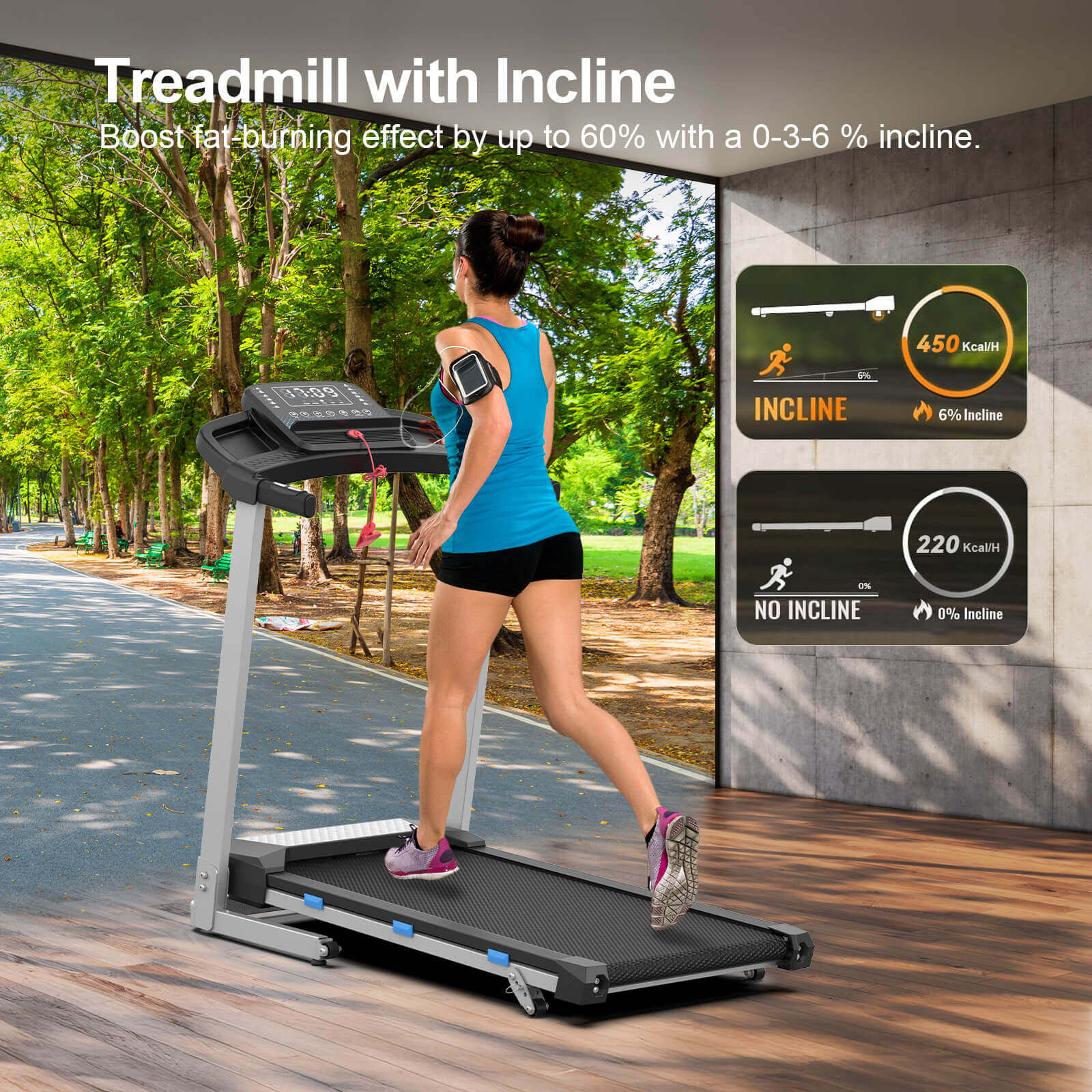 WELLFIT TM015 With incline options, you can burn more calories with same time workout, you can customize your cardio training according to different inclines on TM015 treadmill with incline.