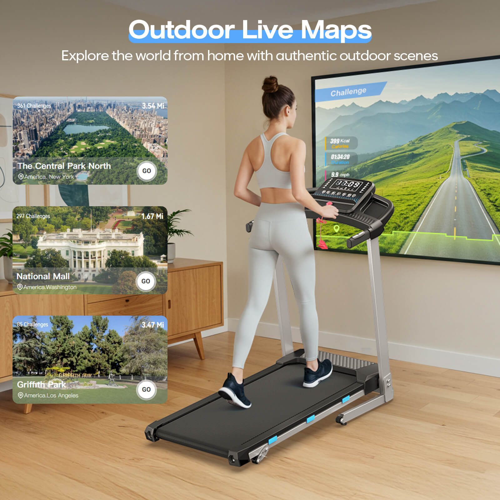 TM015_foldable treadmill with virtual run function