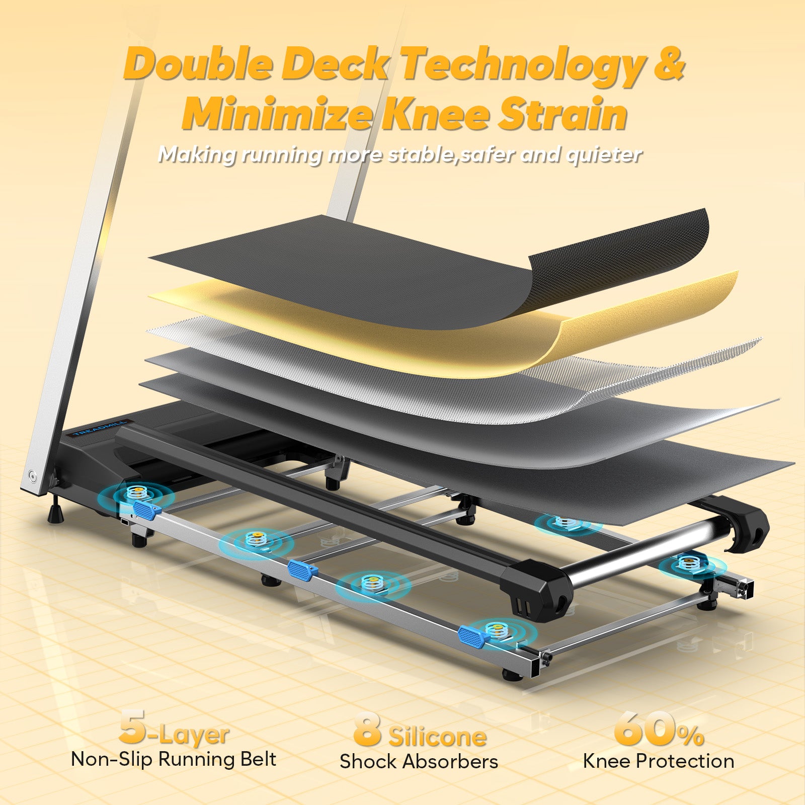 WELLFIT TM020 treadmill with desk and shock absorption, double deck tech will minimize the knee strain.