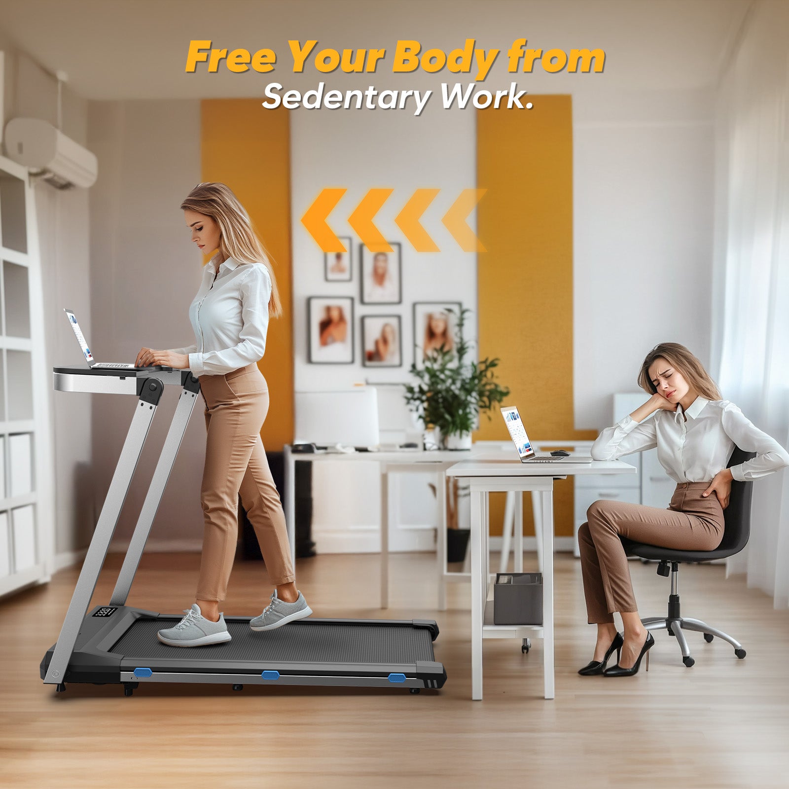 WELLFIT TM020 Treadmill with desk for home office, if you feel pain when you sit for a long time for your back, it would be a perfect solution to work on a treadmill with desk.