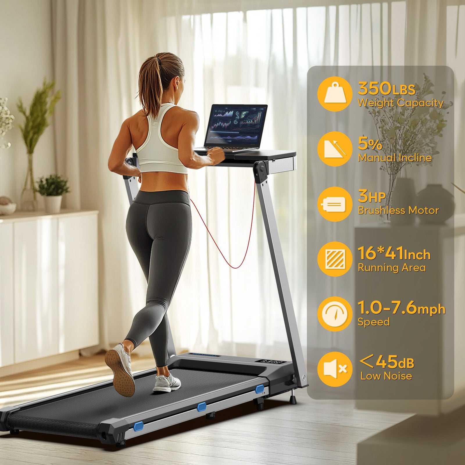 WELLFIT TM020 excellent treadmill with desk with amazing features like 350 lbs weight capacity, 5% manual incline, and 3 HP powerful motor, etc.