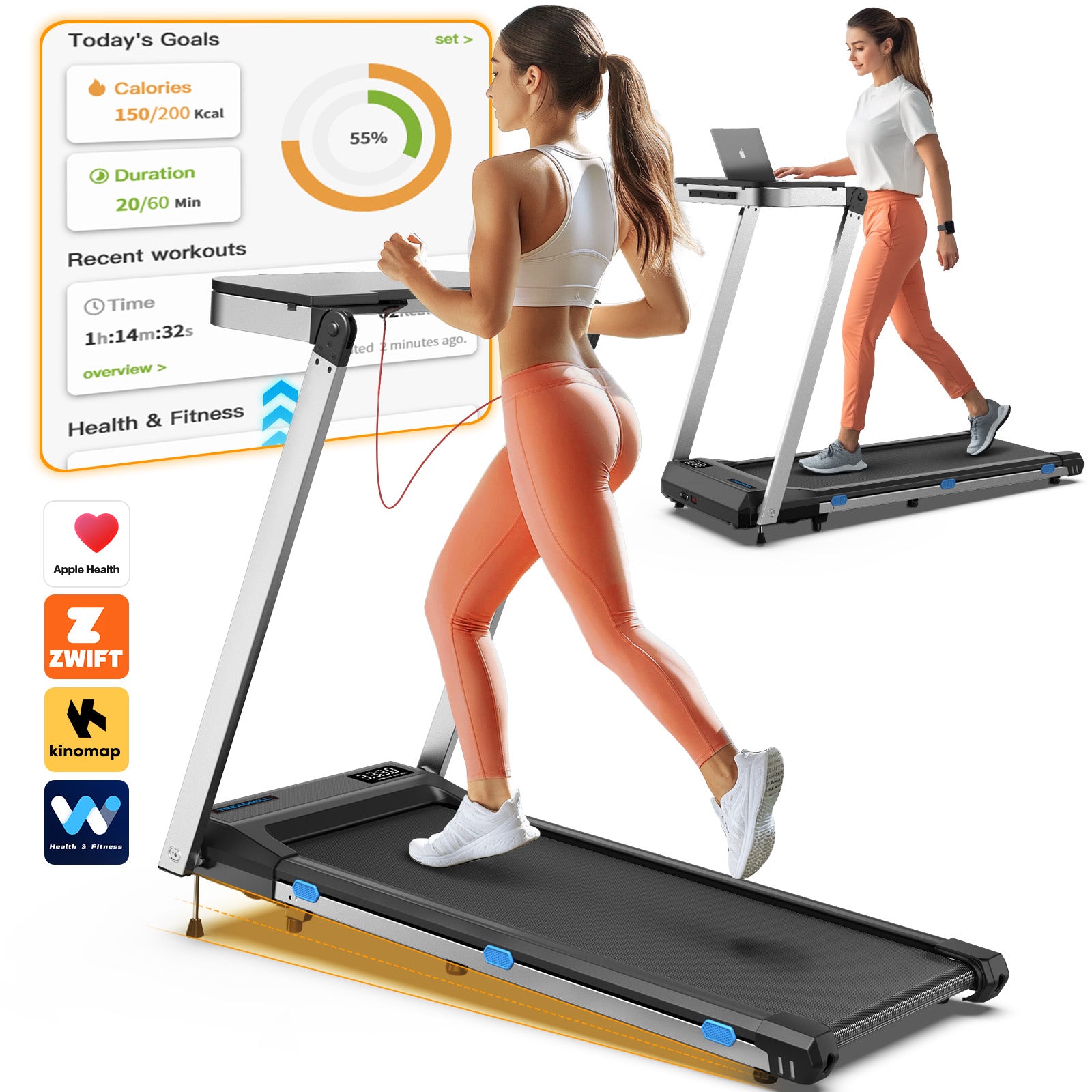 WELLFIT TM020 treadmill is supportive for APPs lik Apple Health, Zwift, Kinomap and our own APP Wellfit Fitness, and they are all free to use.