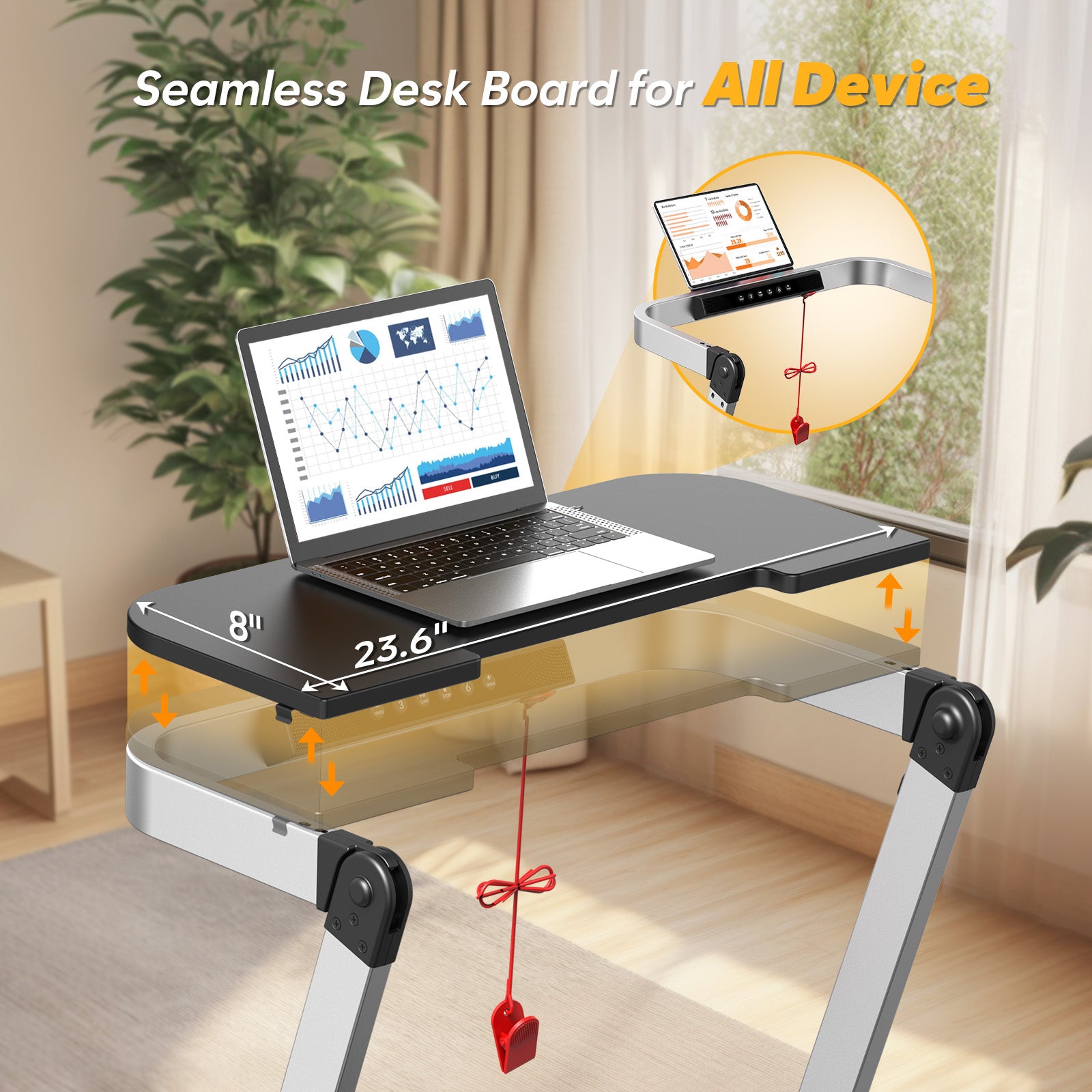 WELLFIT TM020 Treadmill with desk board for all devices, desk size is 8x23.6 inch, you can remove it if you don't need.