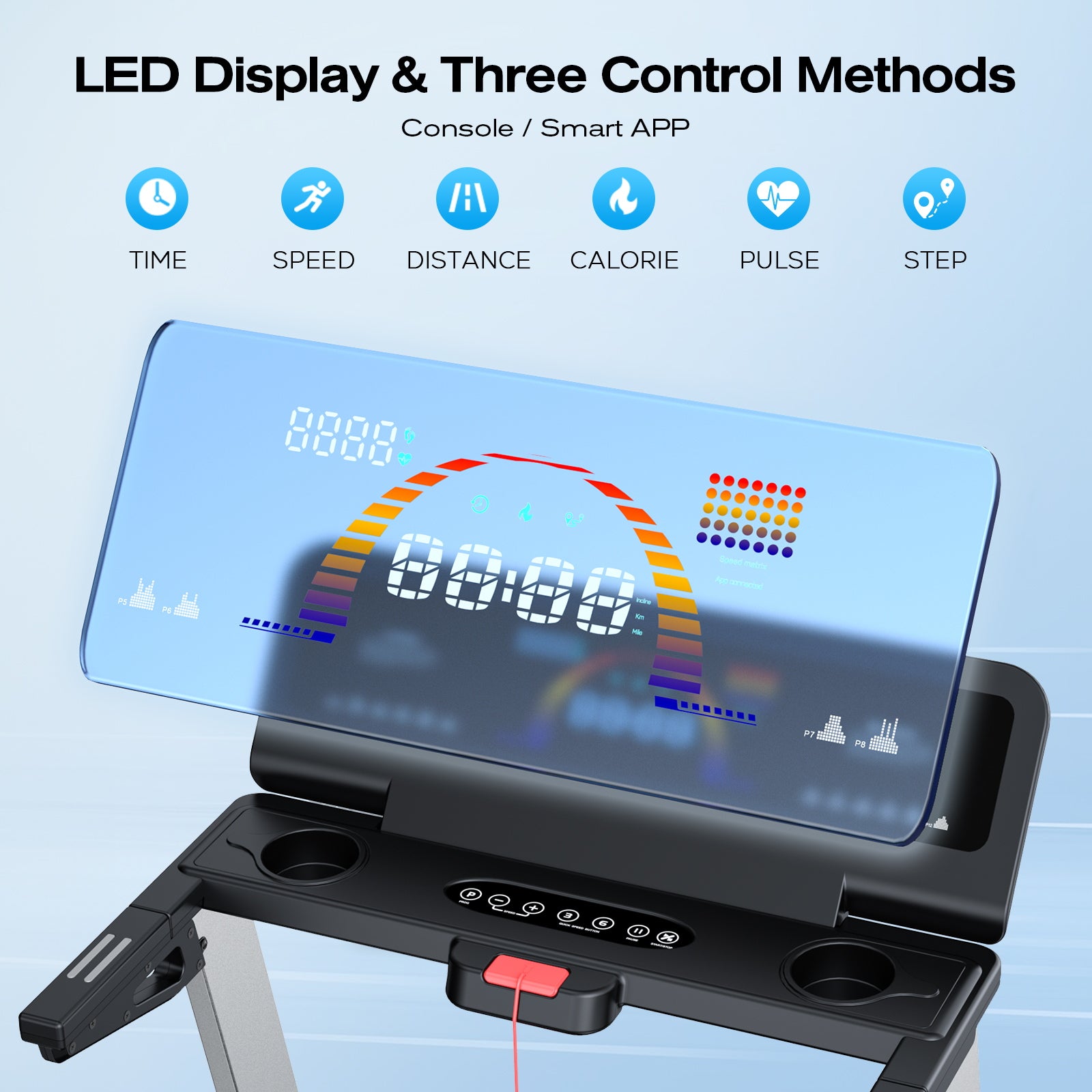 TM024 treadmill equipped with LED display, easy control with AI voice, APP and console buttons.