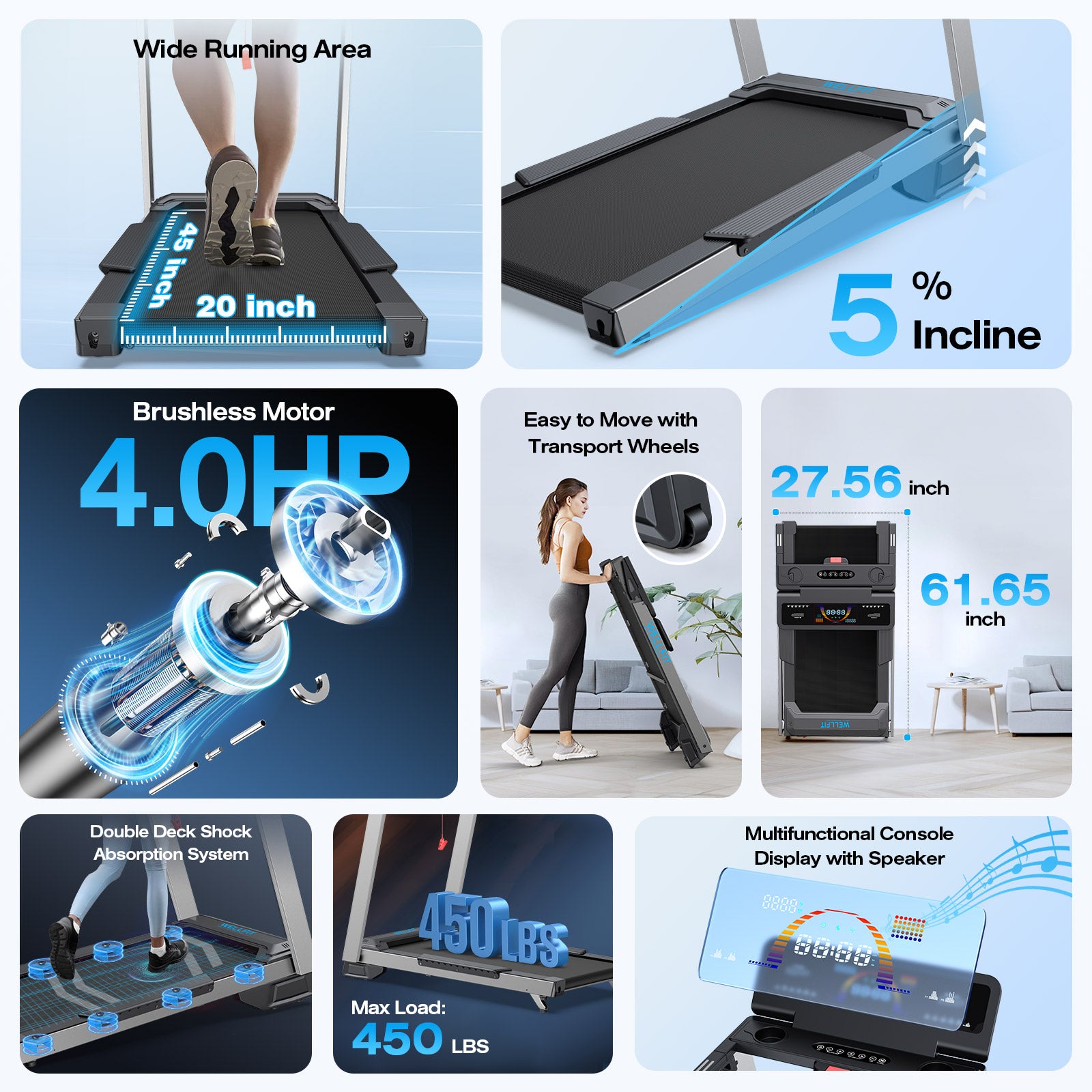 Wellfit treadmill TM024, features in wide running area, powerful but quiet motor, 0-5% incline and shock absorption deck. Easy to store and move with transport wheels.