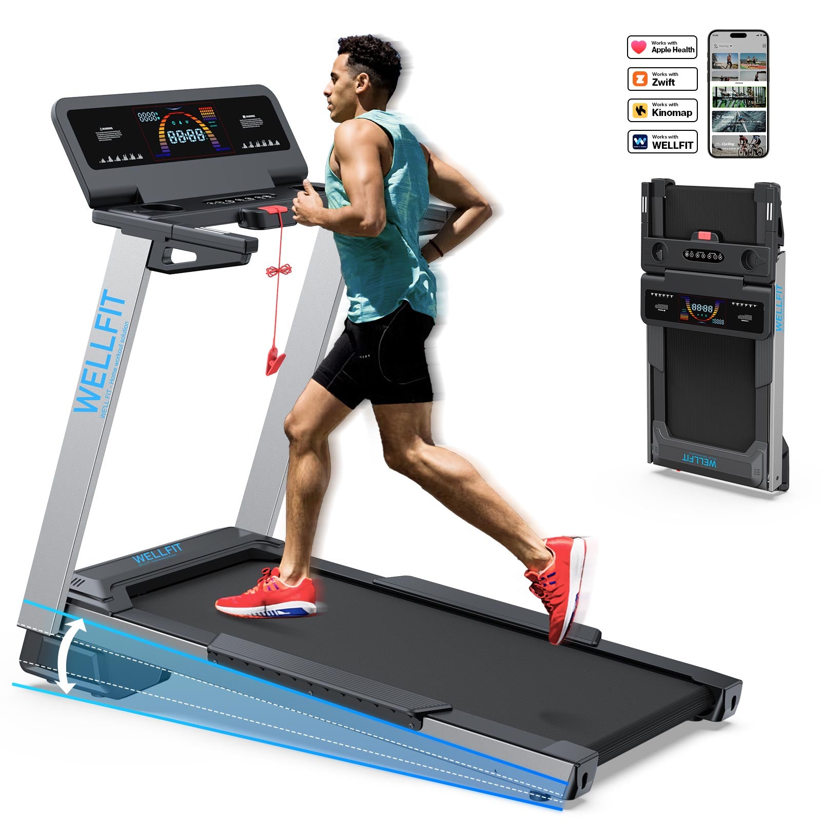 WELLFIT Treadmill TM024 has free APP subscrition WELLFIT & FITNESS. It also supports connection with Apple Health, Kinomap and Zwift.