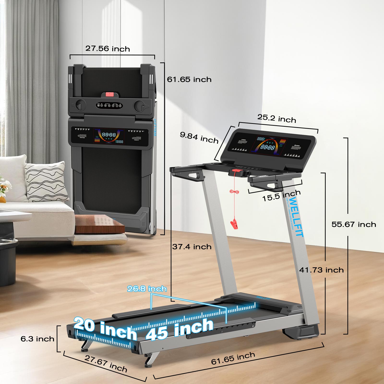 TM024 model dimension display, 20x45 inch running deck, compact design with big surface of console display, can hold phone and laptop above.