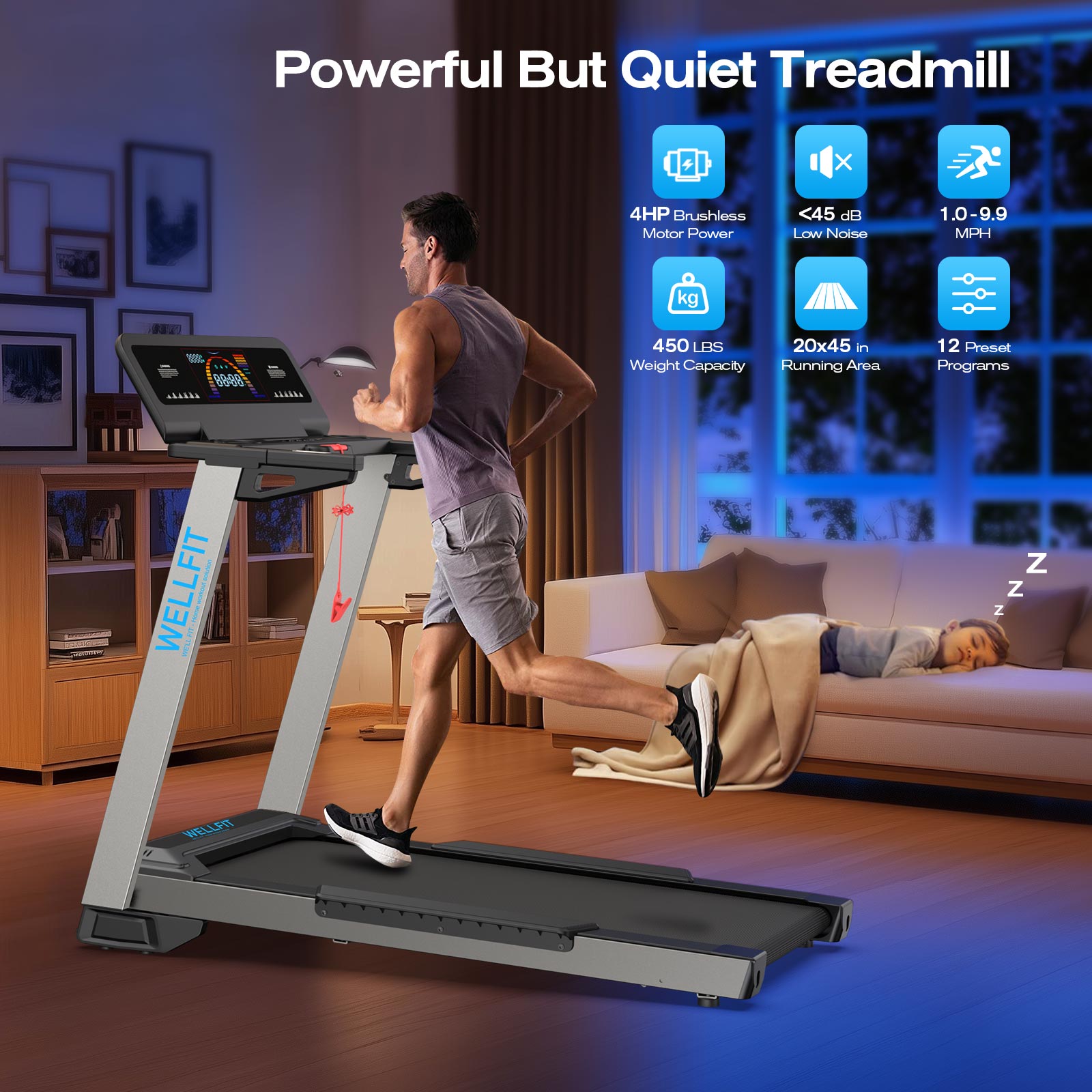 Wellfit treadmill TM024 equipped with powerful 4HP brushless but quiet motor to fit different body size workout.