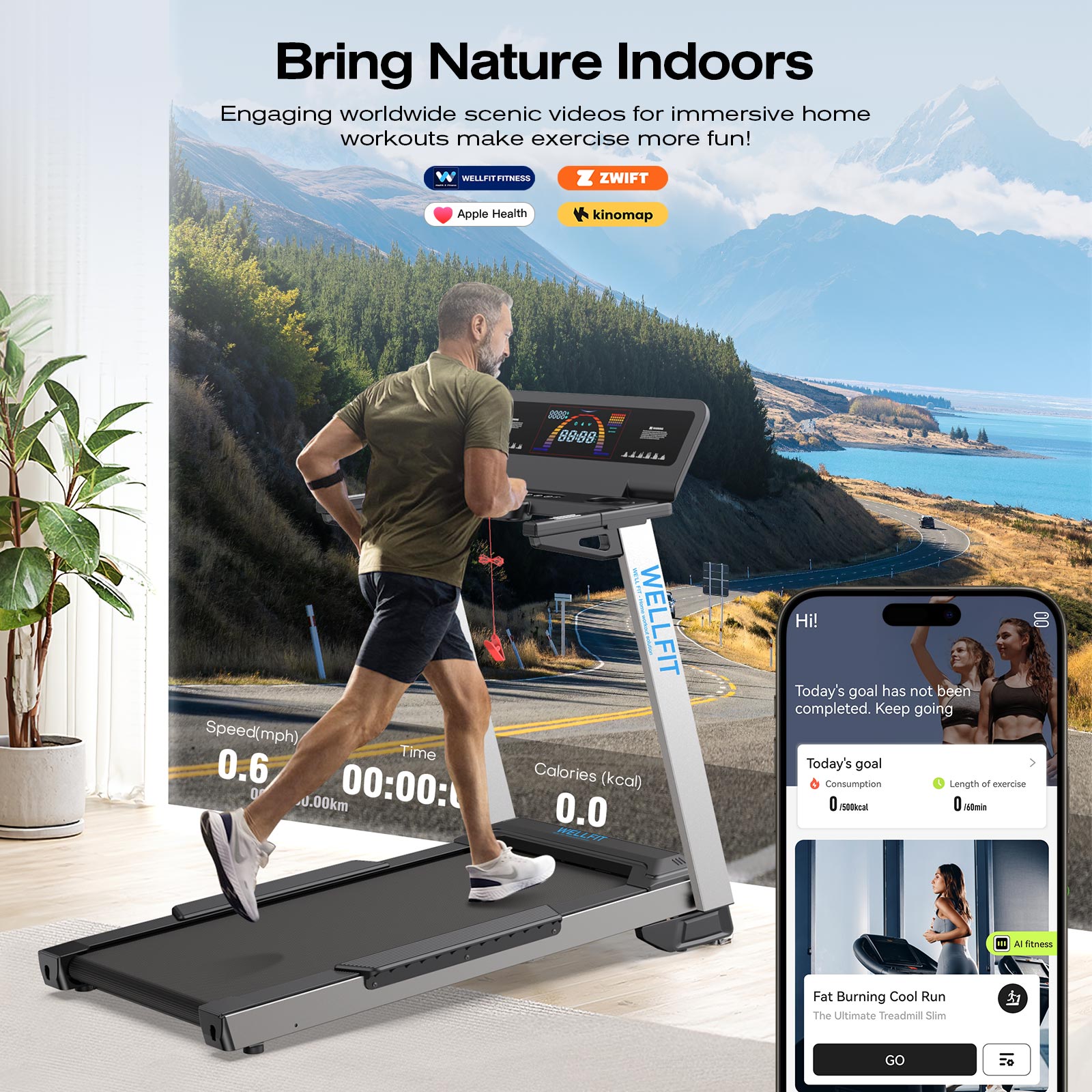 WELLFIT TM024 treadmill with exclusive APP support, bring nature indoors with virtual run, engiaing worldwide scenic videos for immersive home workouts make exercise more fun.