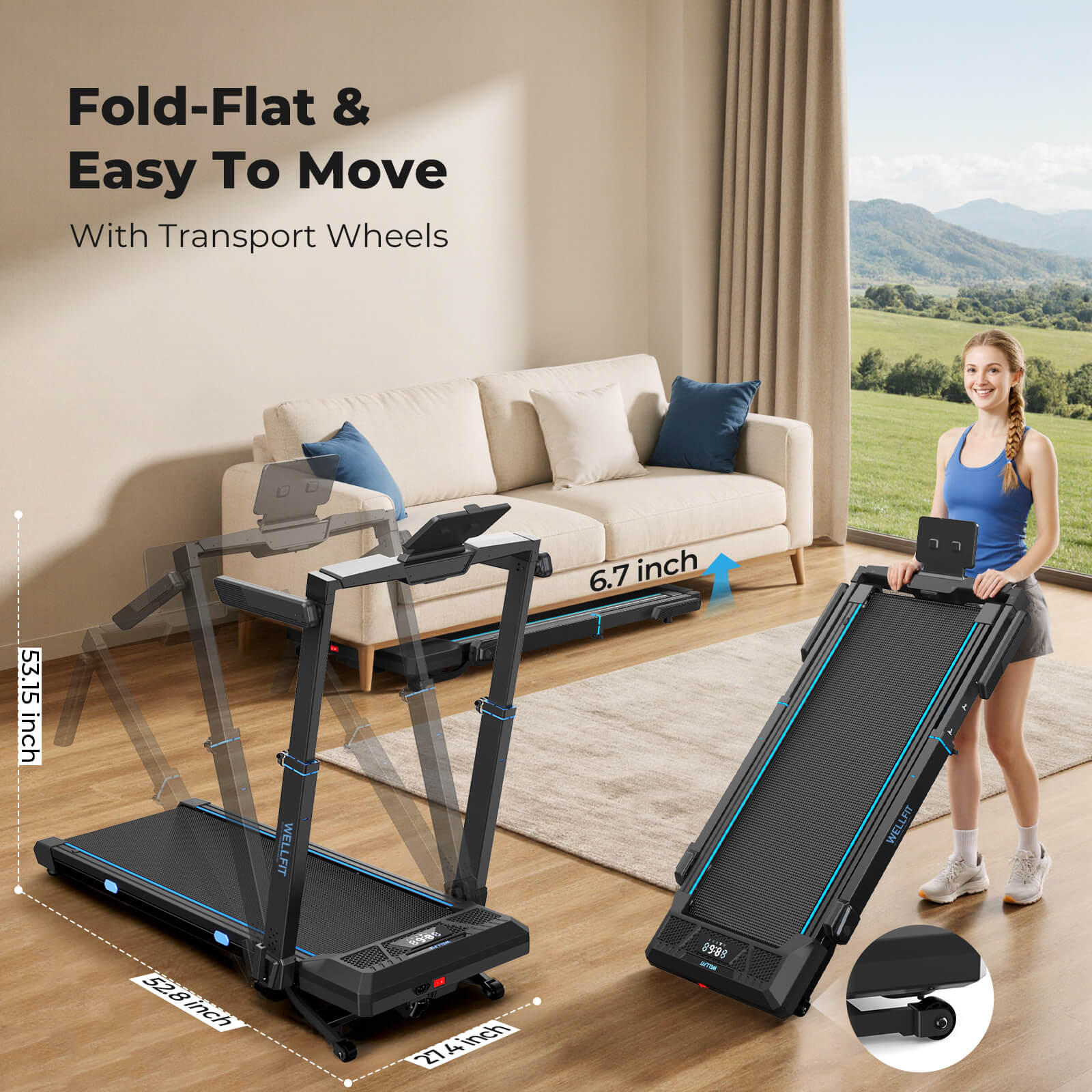 TM032 Height-Adjustable Treadmill with 10% Auto Incline 17*44 Inch Running Area