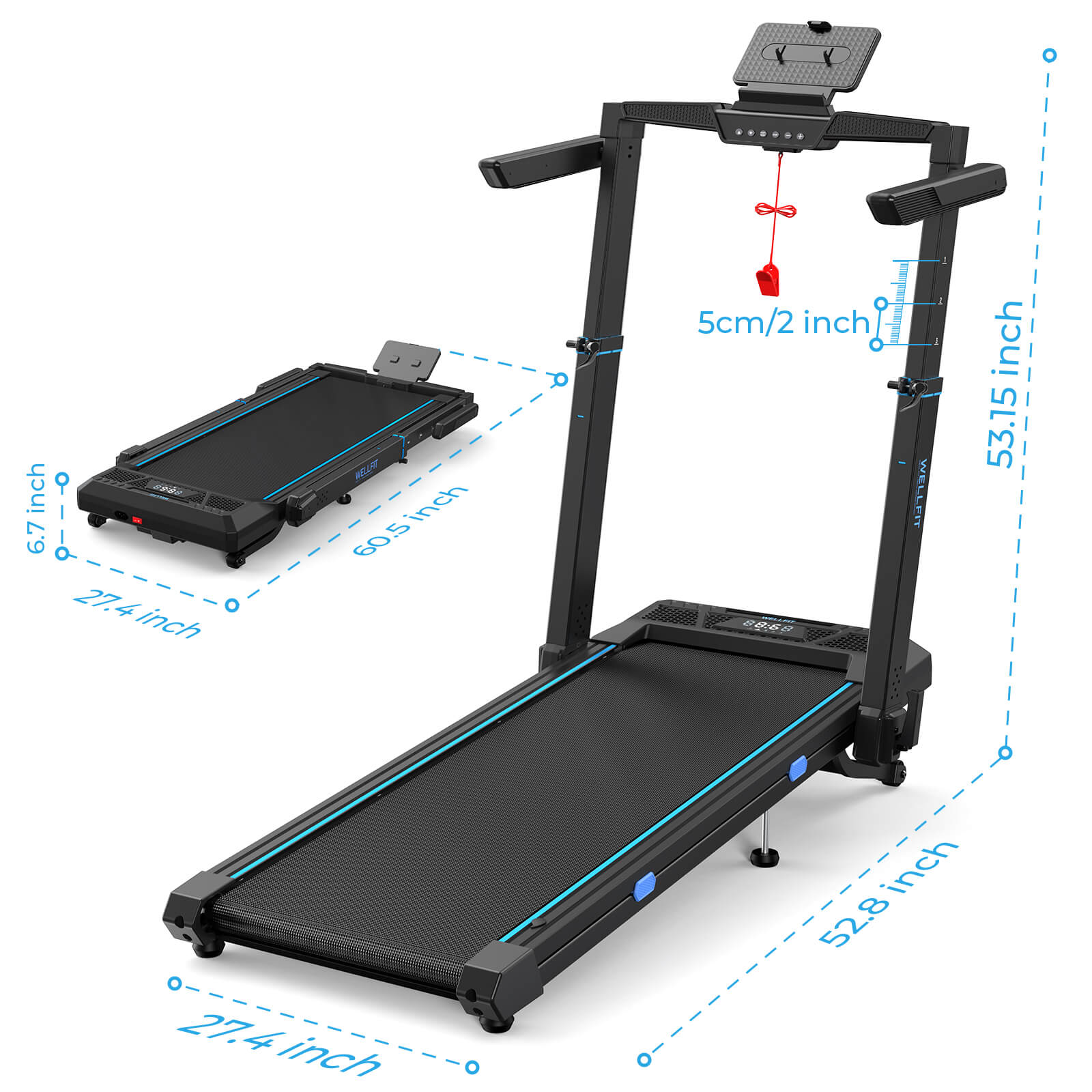 TM032 Height-Adjustable Treadmill with 10% Auto Incline 17*44 Inch Running Area