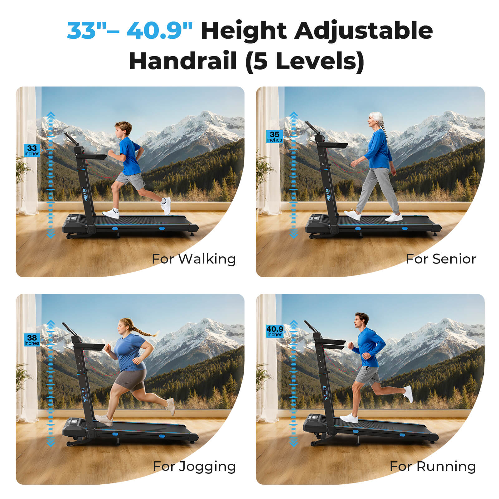 TM032 Height-Adjustable Treadmill with 10% Auto Incline 17*44 Inch Running Area