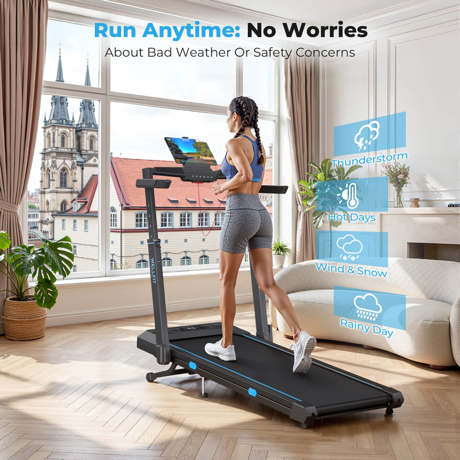 TM032 Height-Adjustable Treadmill with 10% Auto Incline 17*44 Inch Running Area