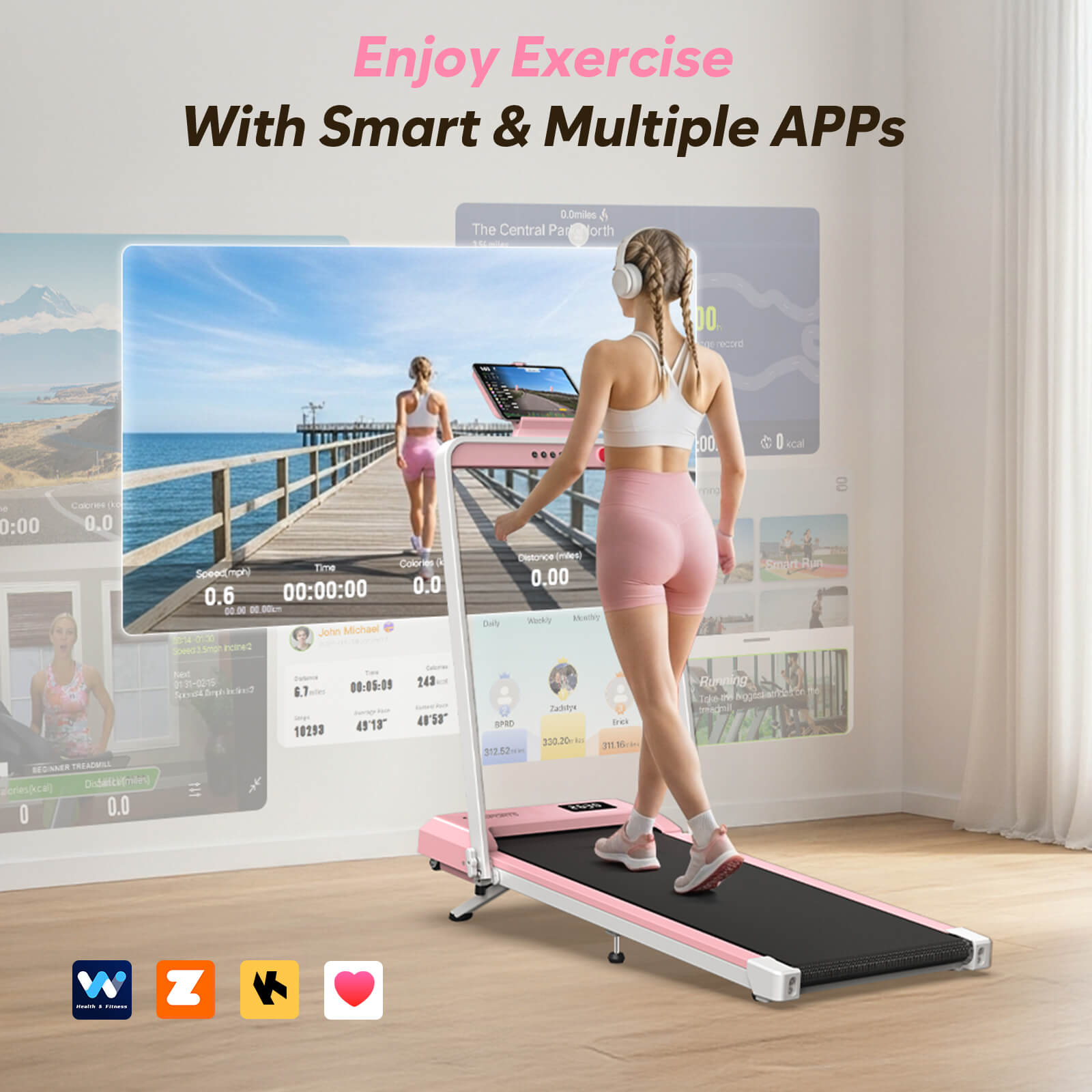 Pink Fold-Flat Treadmill With 10% Incline 320lb Weight Capacity