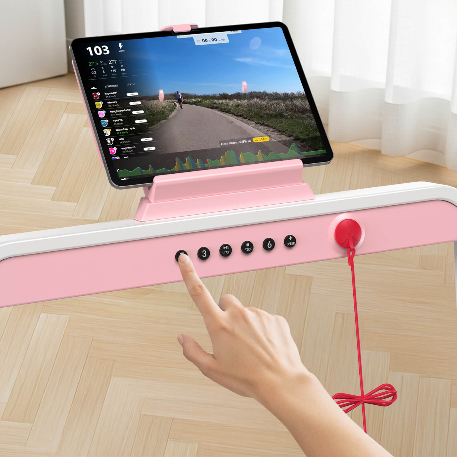 Pink Fold-Flat Treadmill With 10% Incline 320lb Weight Capacity