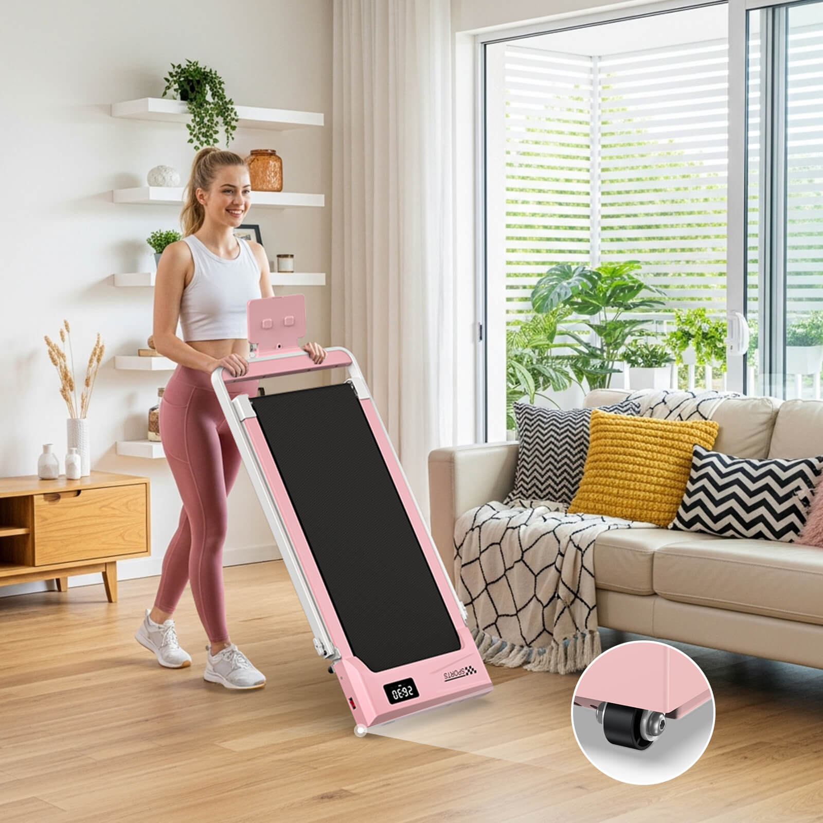 Pink Fold-Flat Treadmill With 10% Incline 320lb Weight Capacity