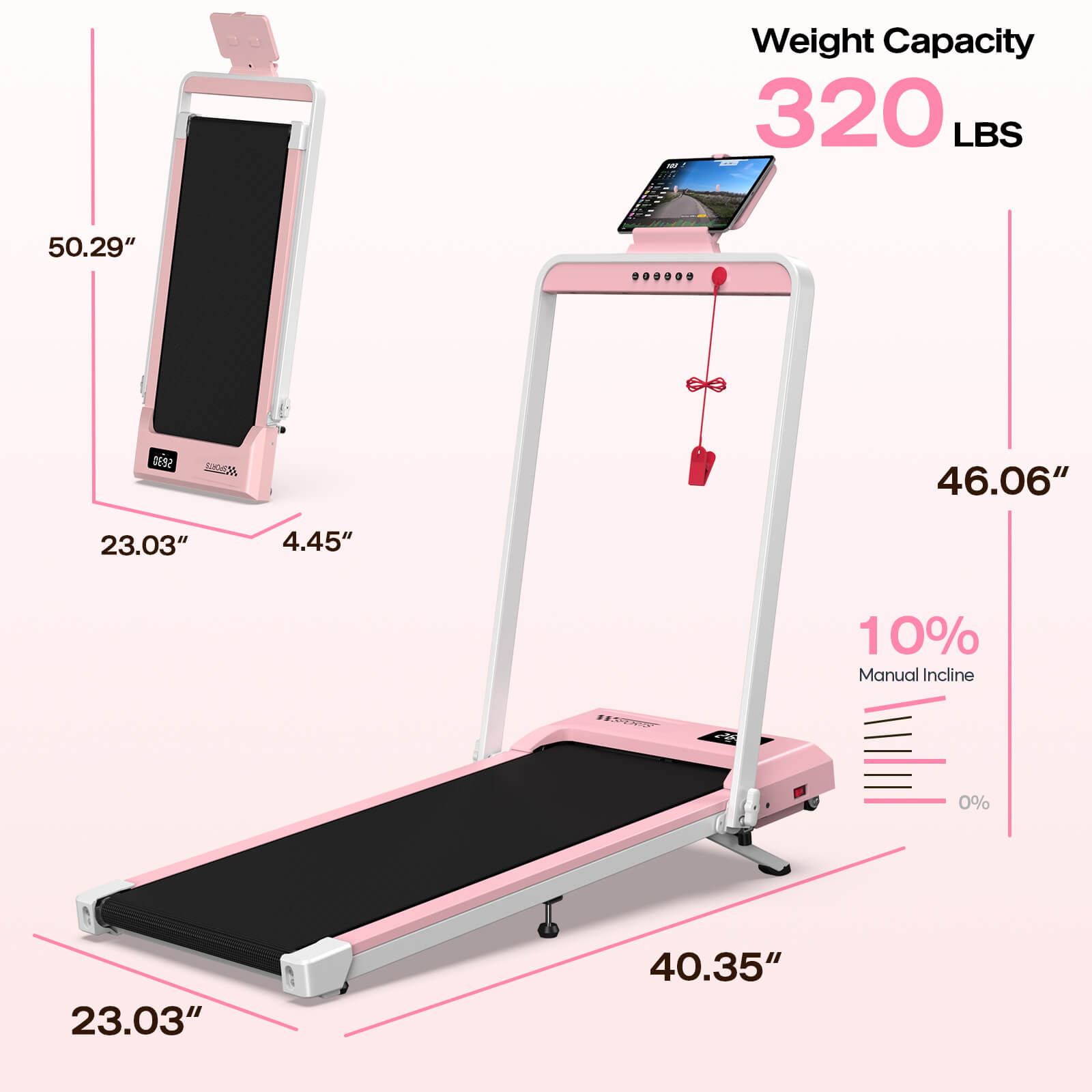 TM034 Fold-Flat Treadmill With 10% Incline 320lb Weight Capacity