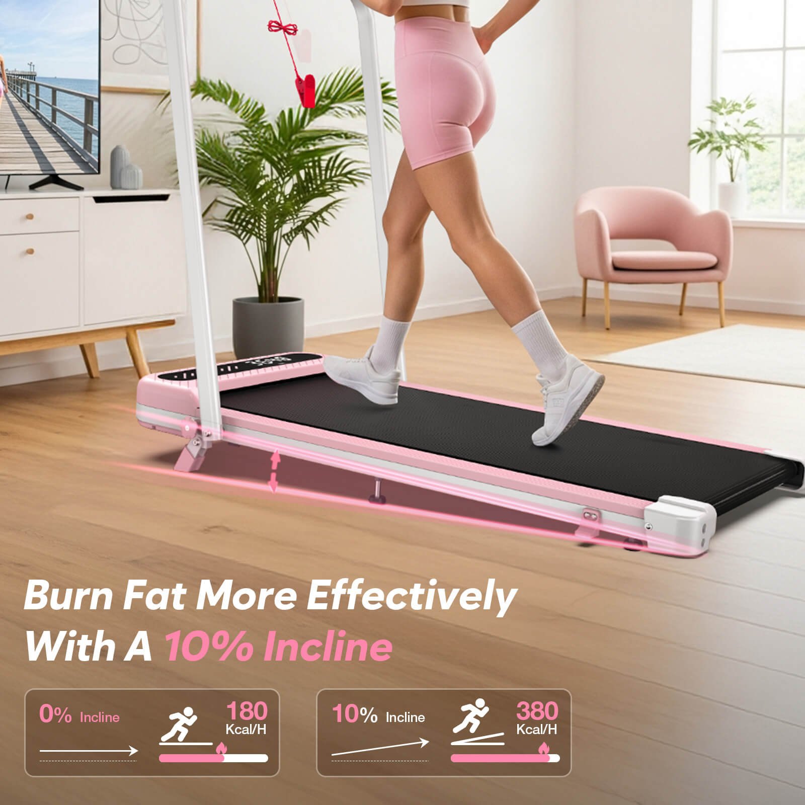 TM037 Pink Walking Pad Folding Treadmill With Incline