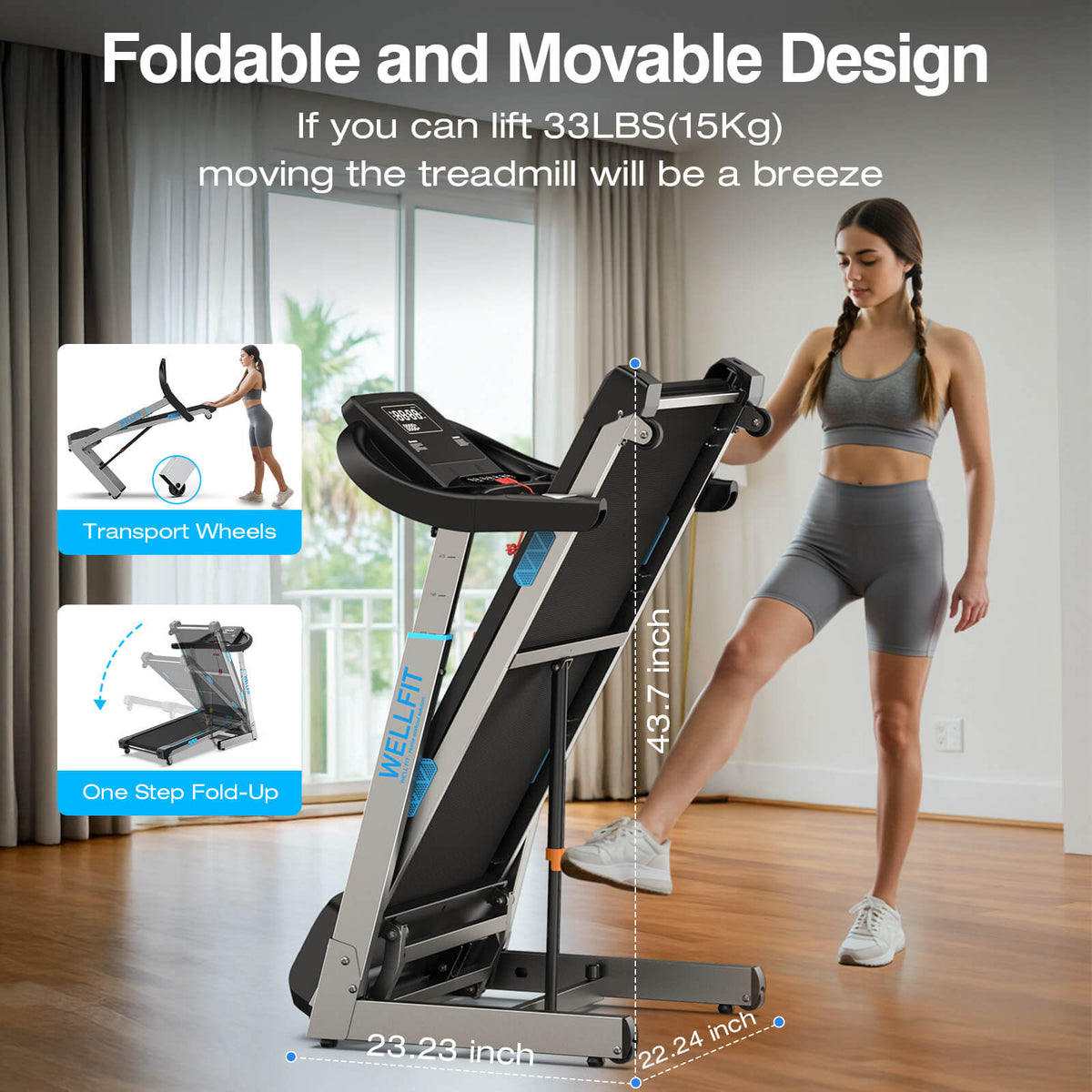 Treadmill Extended Rails Height Adjustable Folding Treadmill With 400lbs Capacity 15% Auto ...