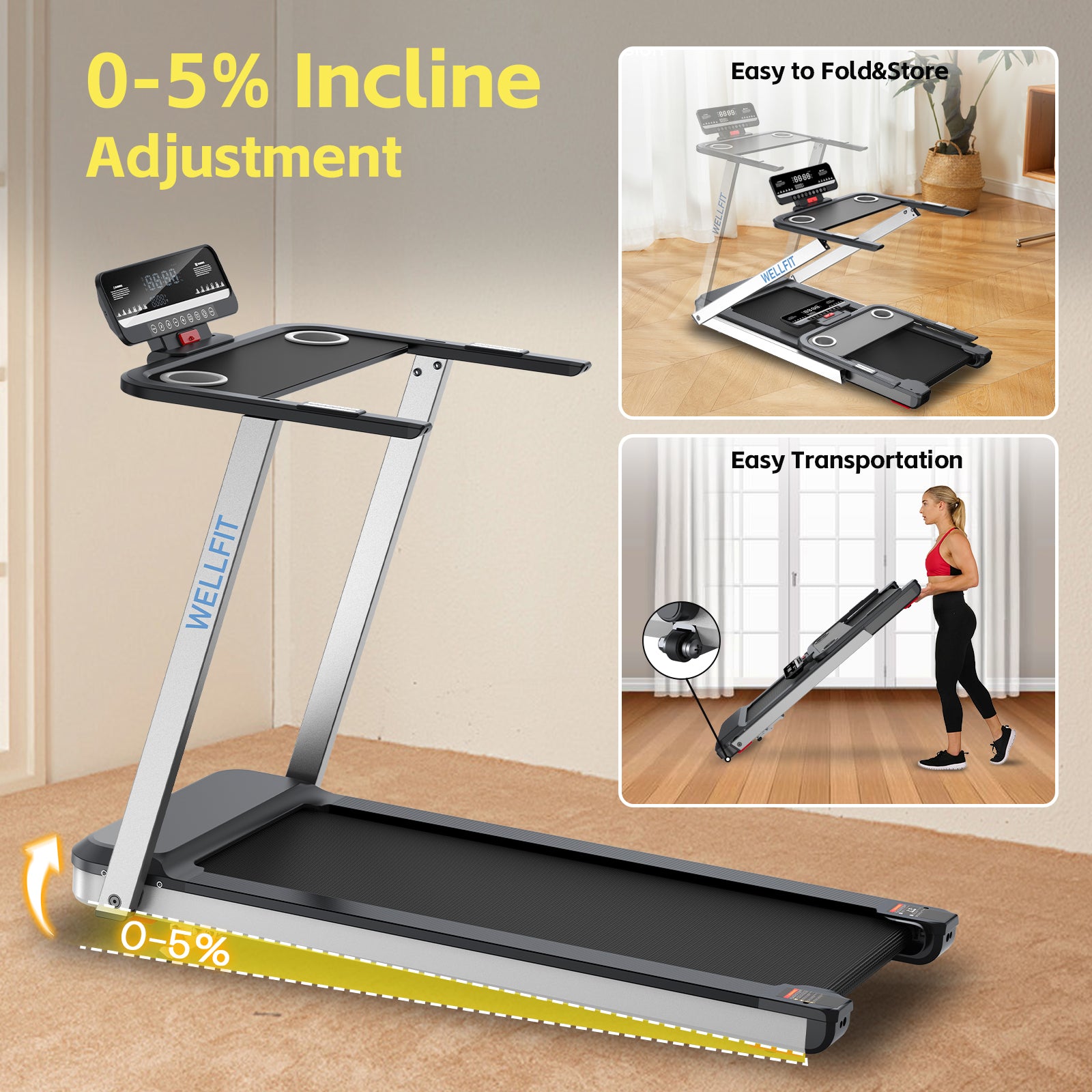 WELLFIT TM006 Incline Foldable Treadmill With Desk & 350lbs Max Load