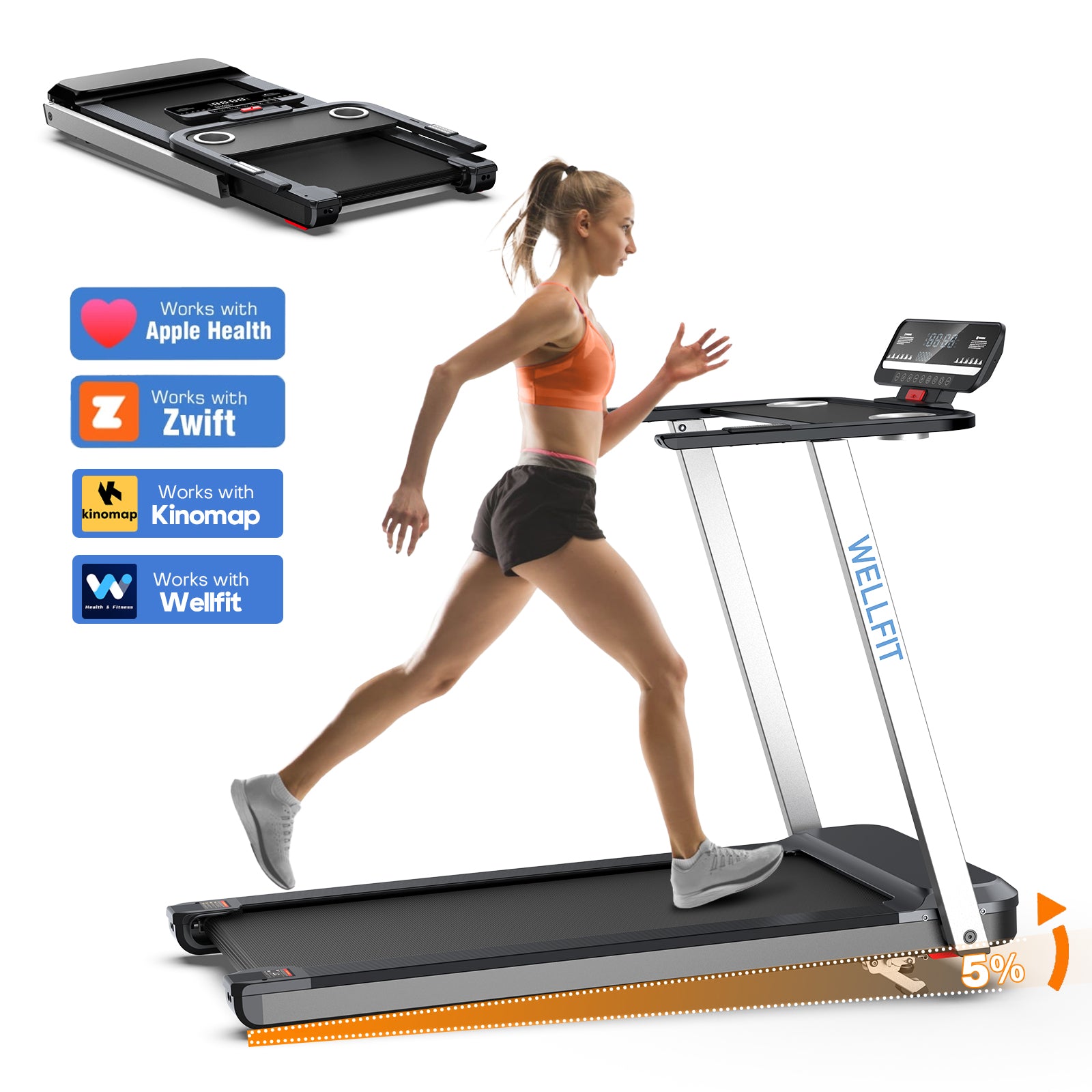 WELLFIT TM006 Incline Foldable Treadmill With Desk & 350lbs Max Load