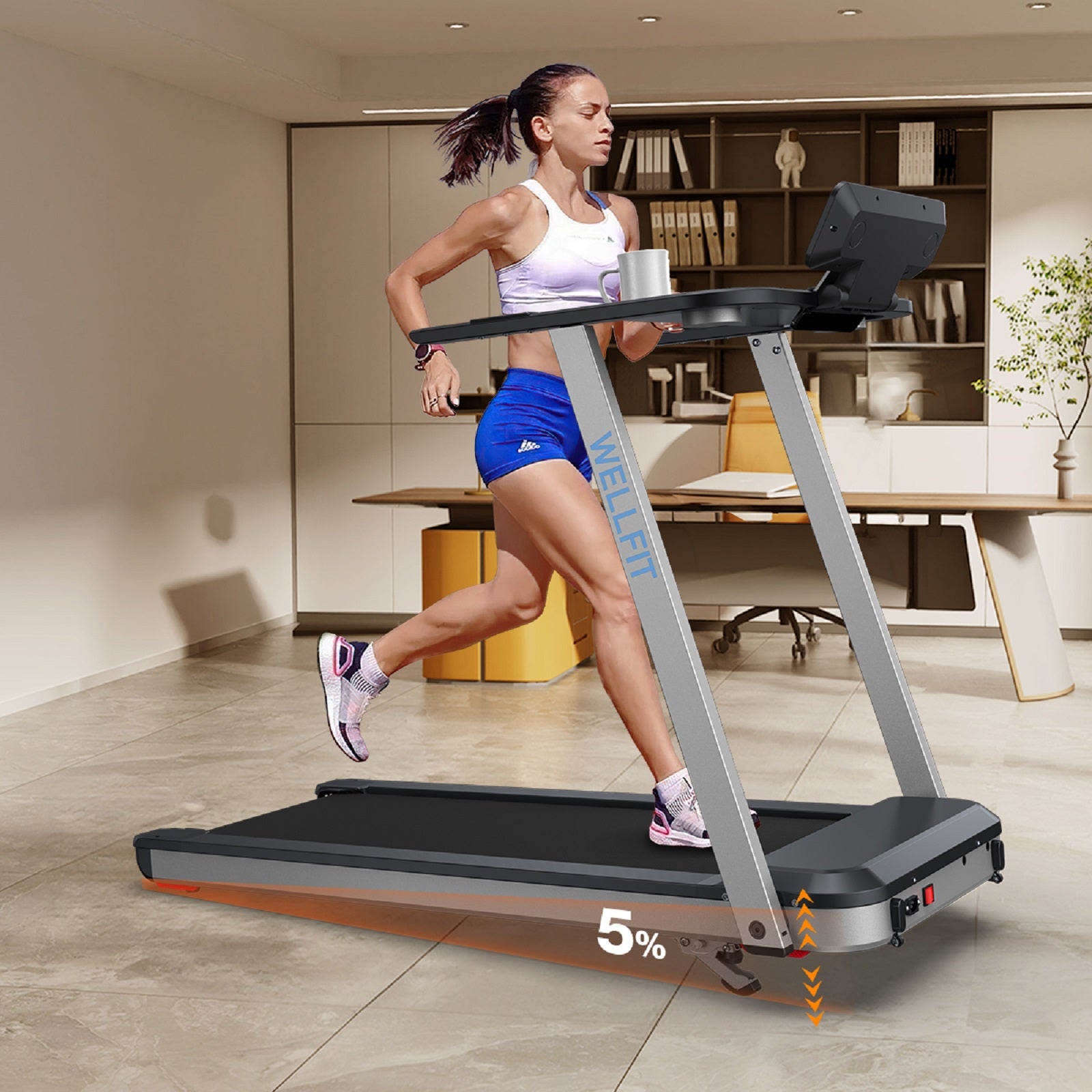 WELLFIT TM006 Incline Foldable Treadmill With Desk & 350lbs Max Load