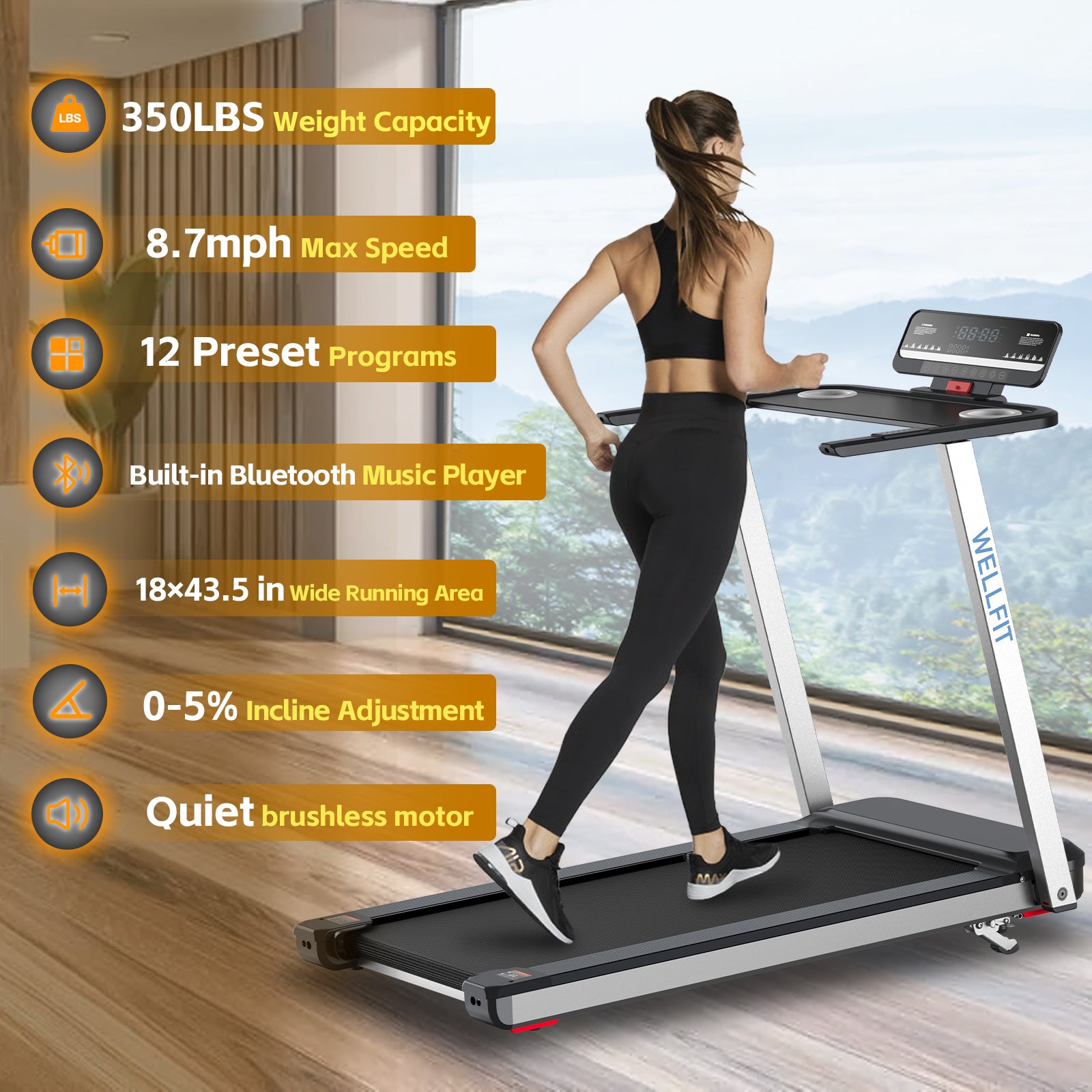 WELLFIT TM006 Incline Foldable Treadmill With Desk & 350lbs Max Load