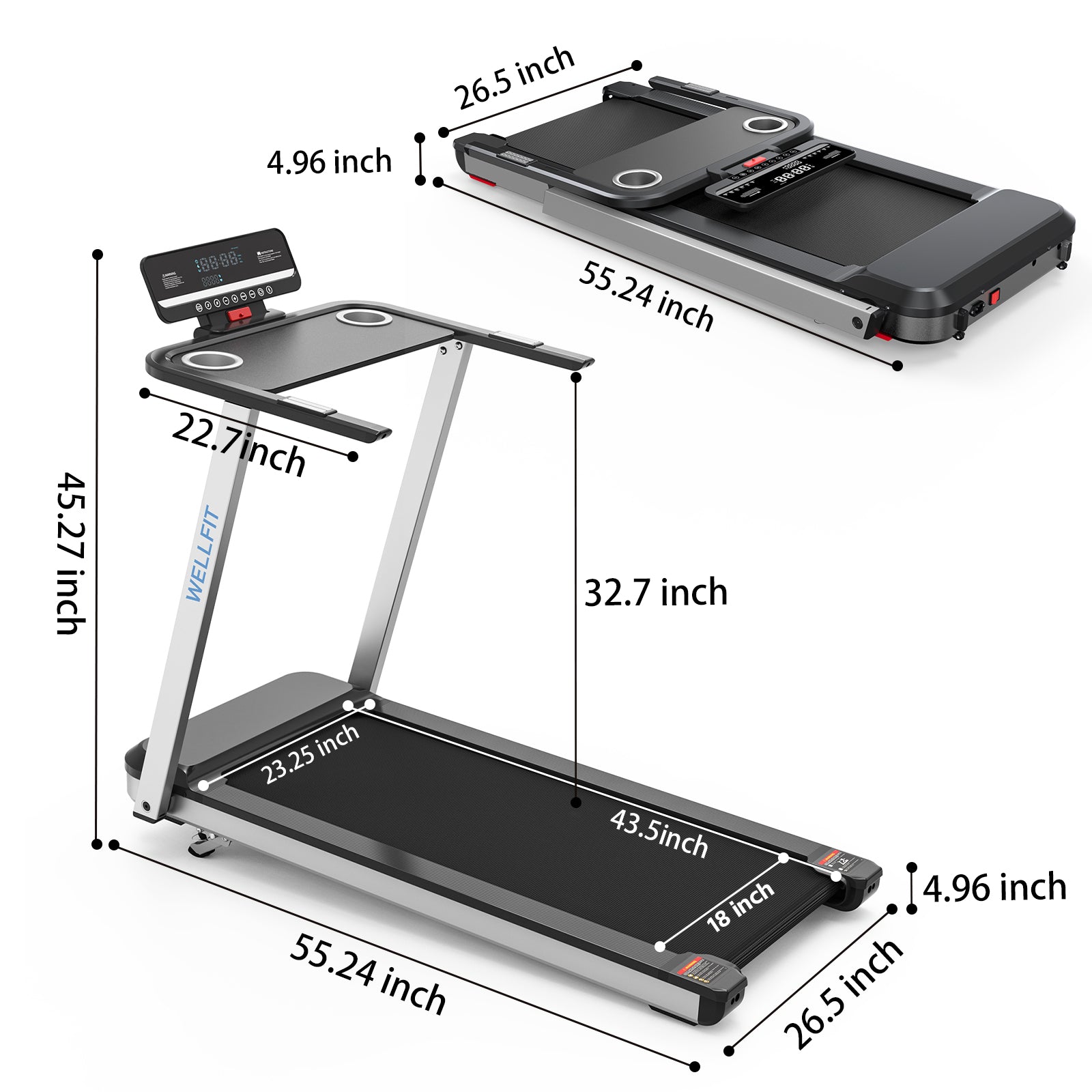 WELLFIT TM006 Incline Foldable Treadmill With Desk & 350lbs Max Load