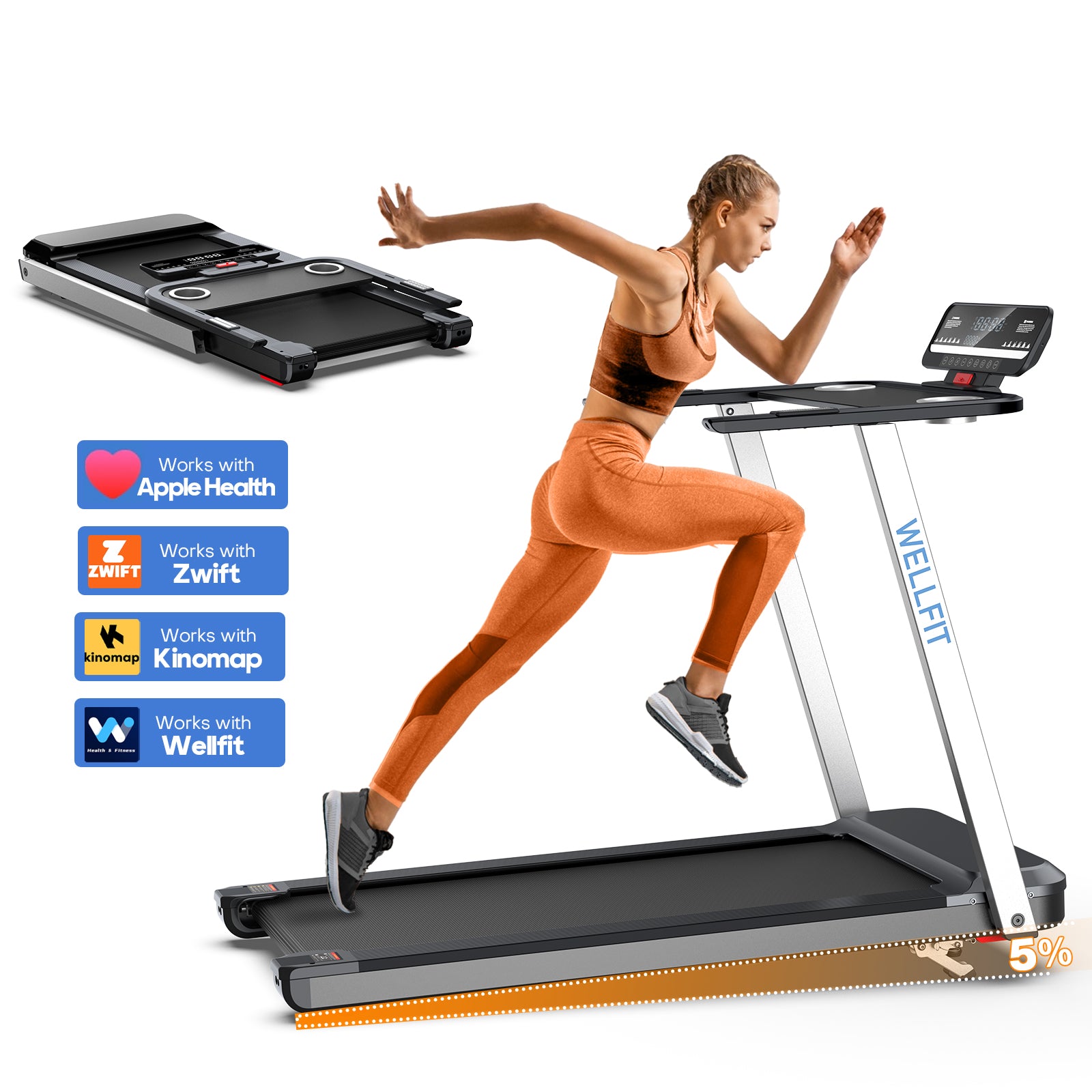 WELLFIT TM006 Incline Foldable Treadmill With Desk & 350lbs Max Load