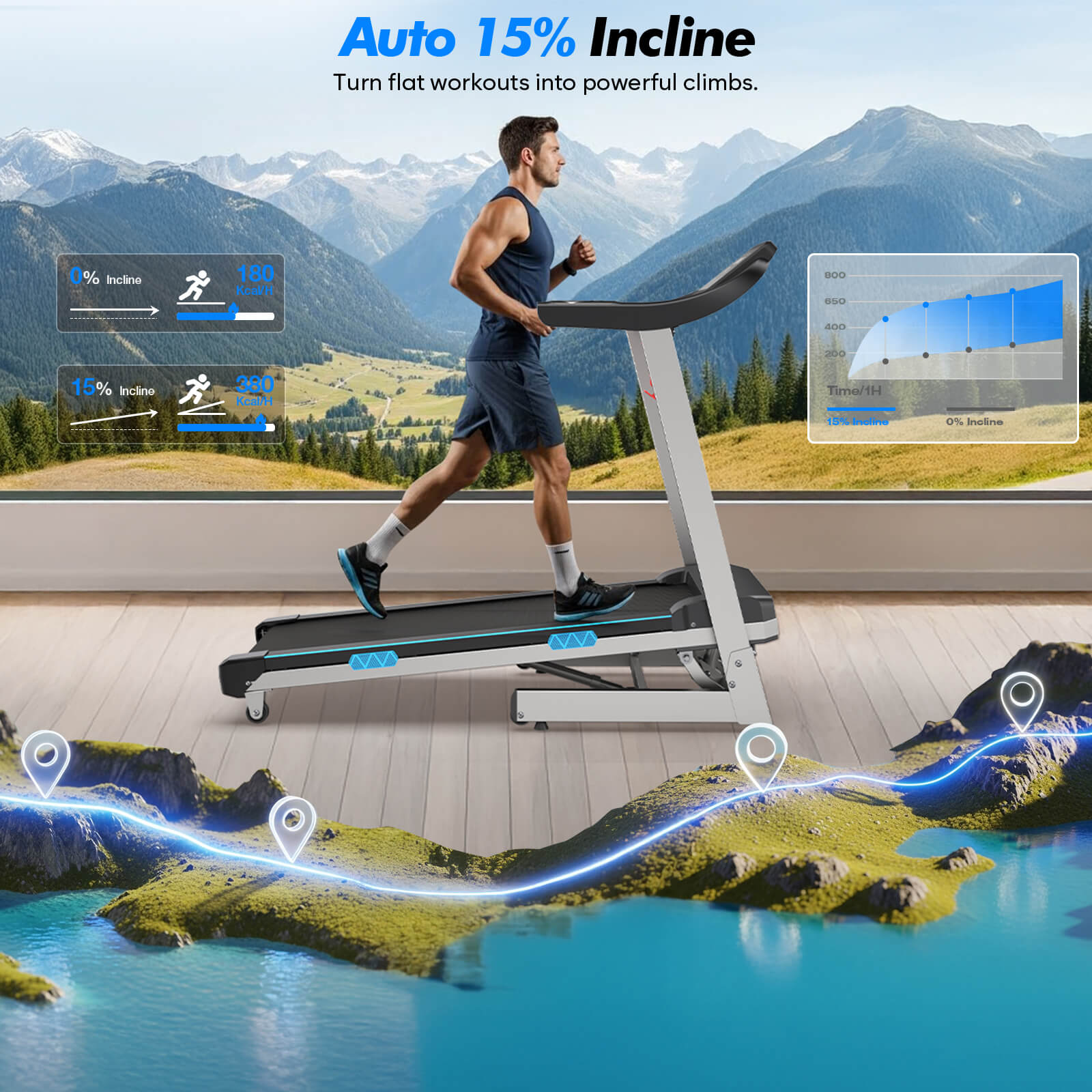TM007 Foldable Treadmill 15% Auto Incline 18*43" Running Area