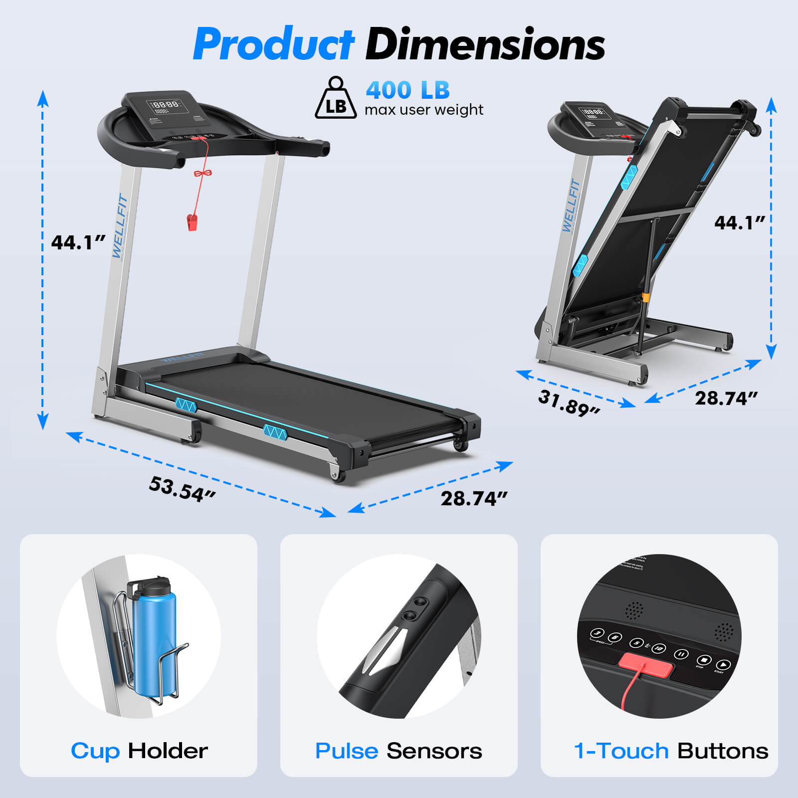 ミディサイズアウトフィット Folding Treadmill With 400lbs Capacity 15% Auto Incline 18*43