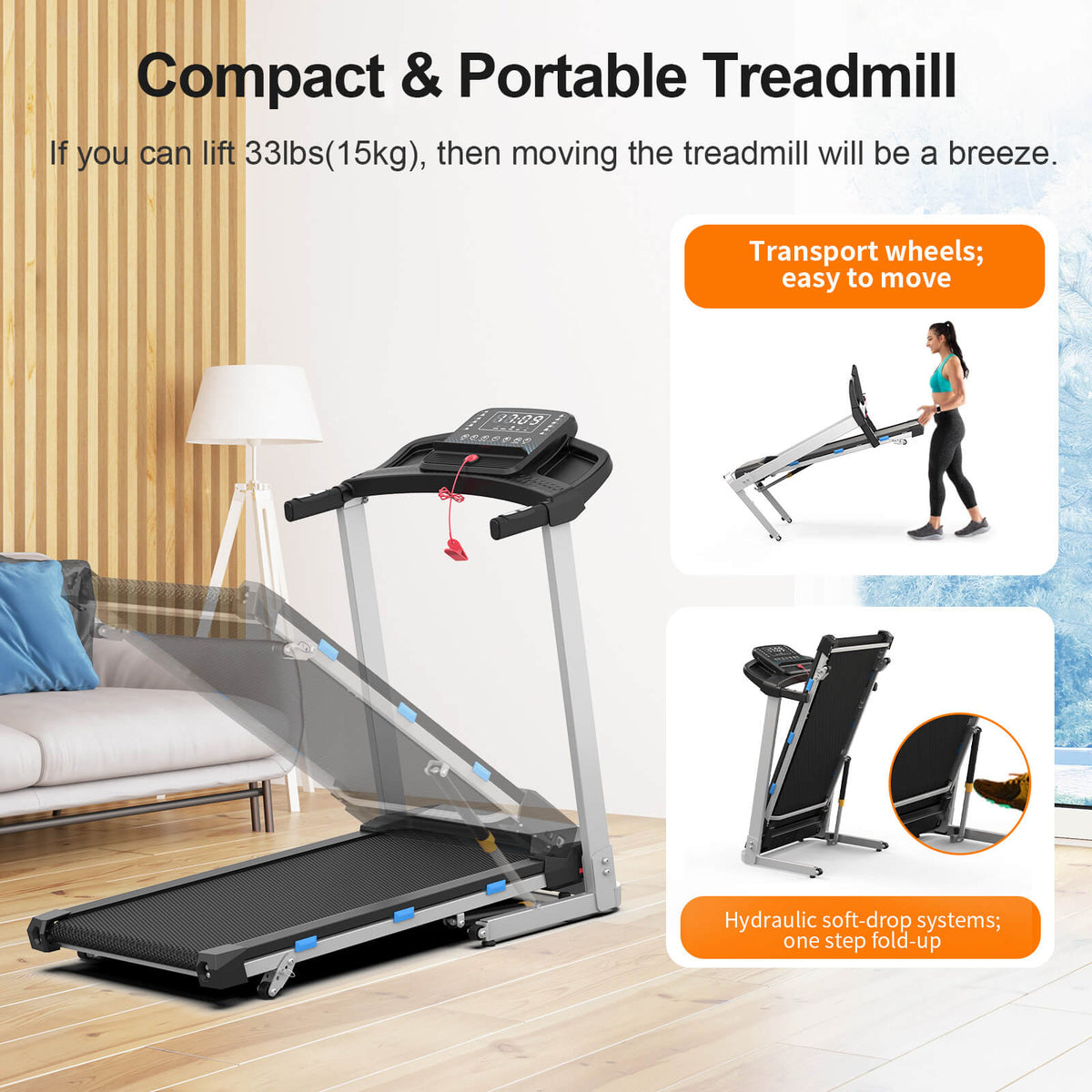 Treadmill Extended Rails TM015-Foldable Incline Treadmill With Side Rails 350 lbs Capacity