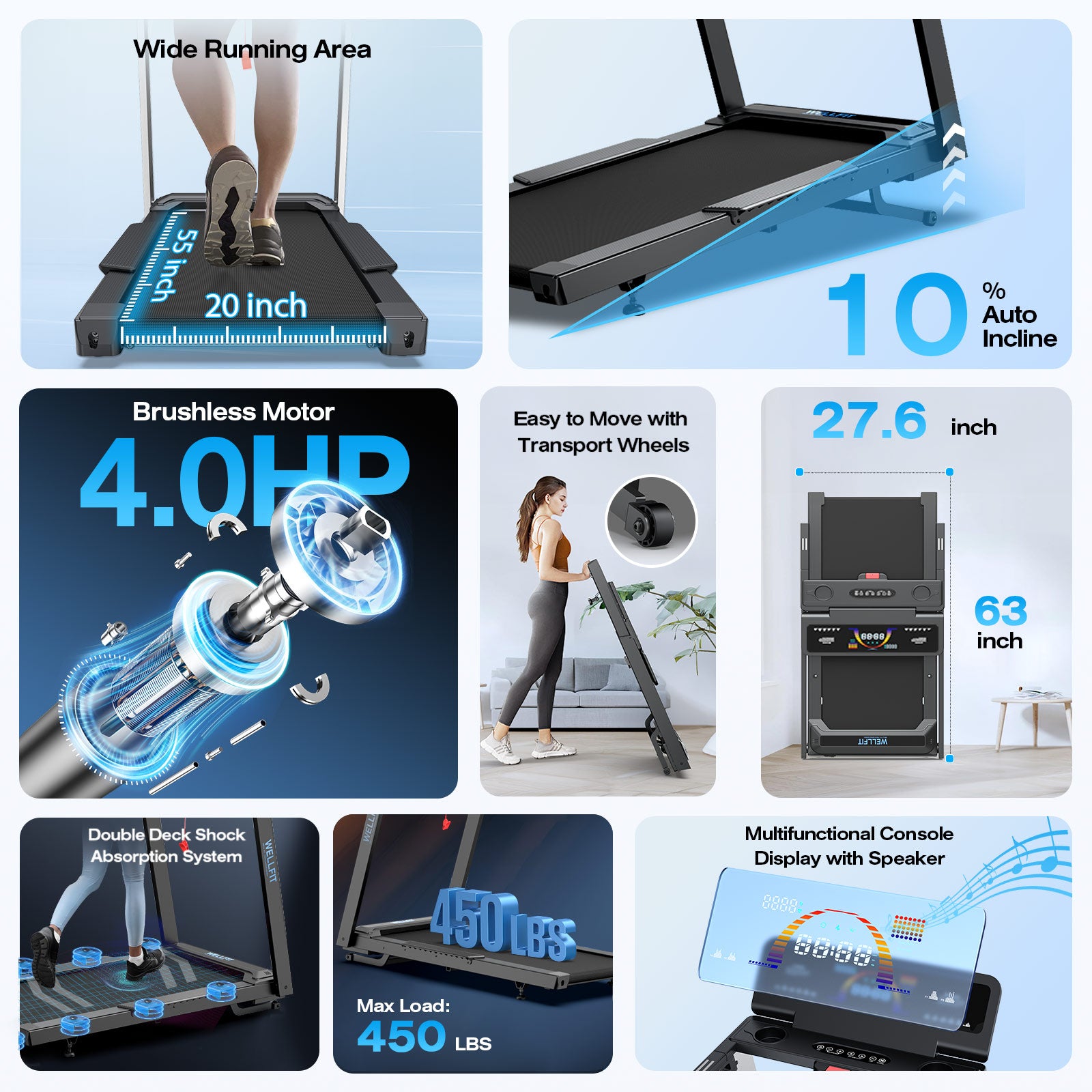 [New]TM029 Folding Treadmill-10 Auto Incline-450LBS-10mph-55Inch Long Running Area