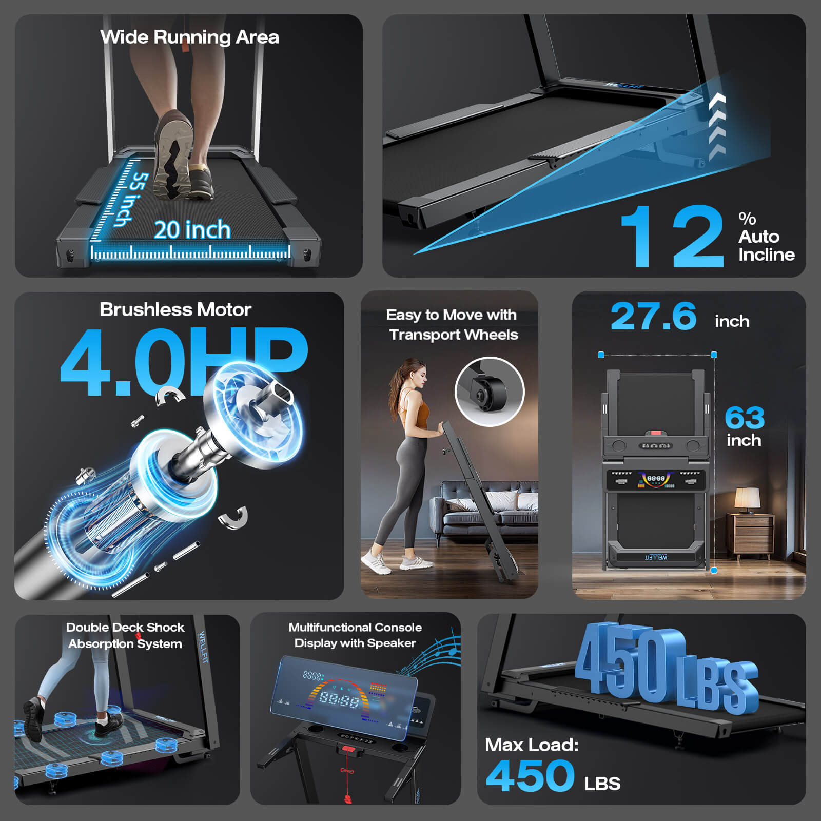[New]TM029 Treadmill-12 Auto Incline-450LBS-10mph-55Inch Long Running Area