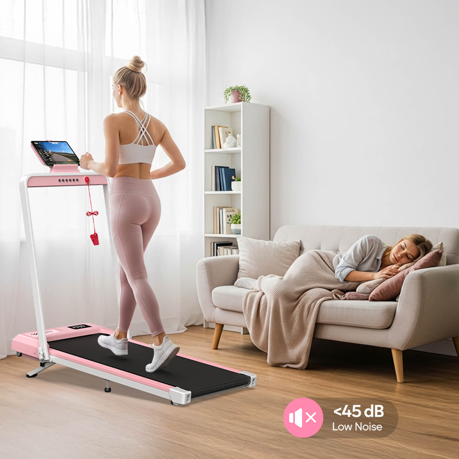 Pink Fold-Flat Treadmill With 10% Incline 320lb Weight Capacity