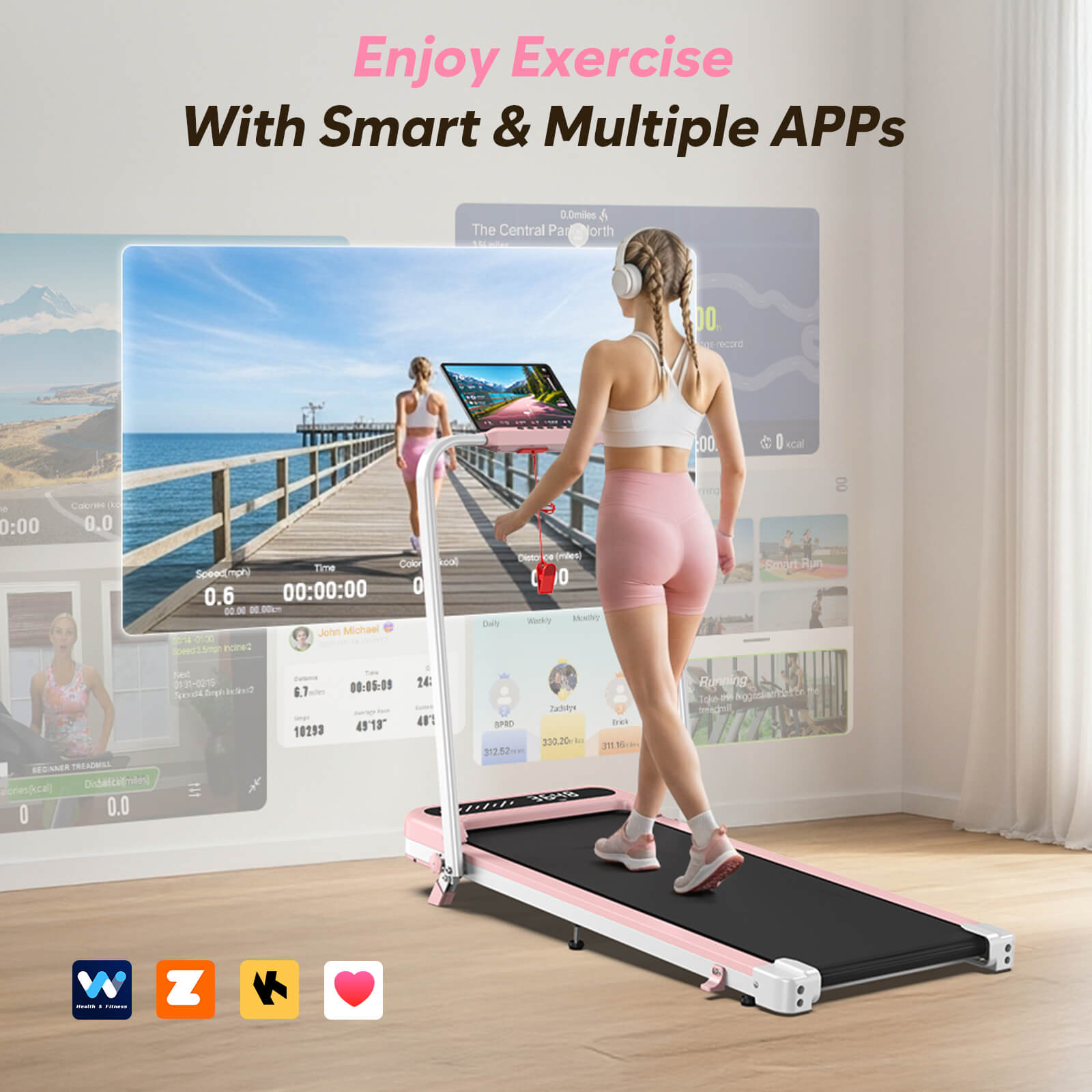 TM037 Pink Walking Pad Folding Treadmill With Incline
