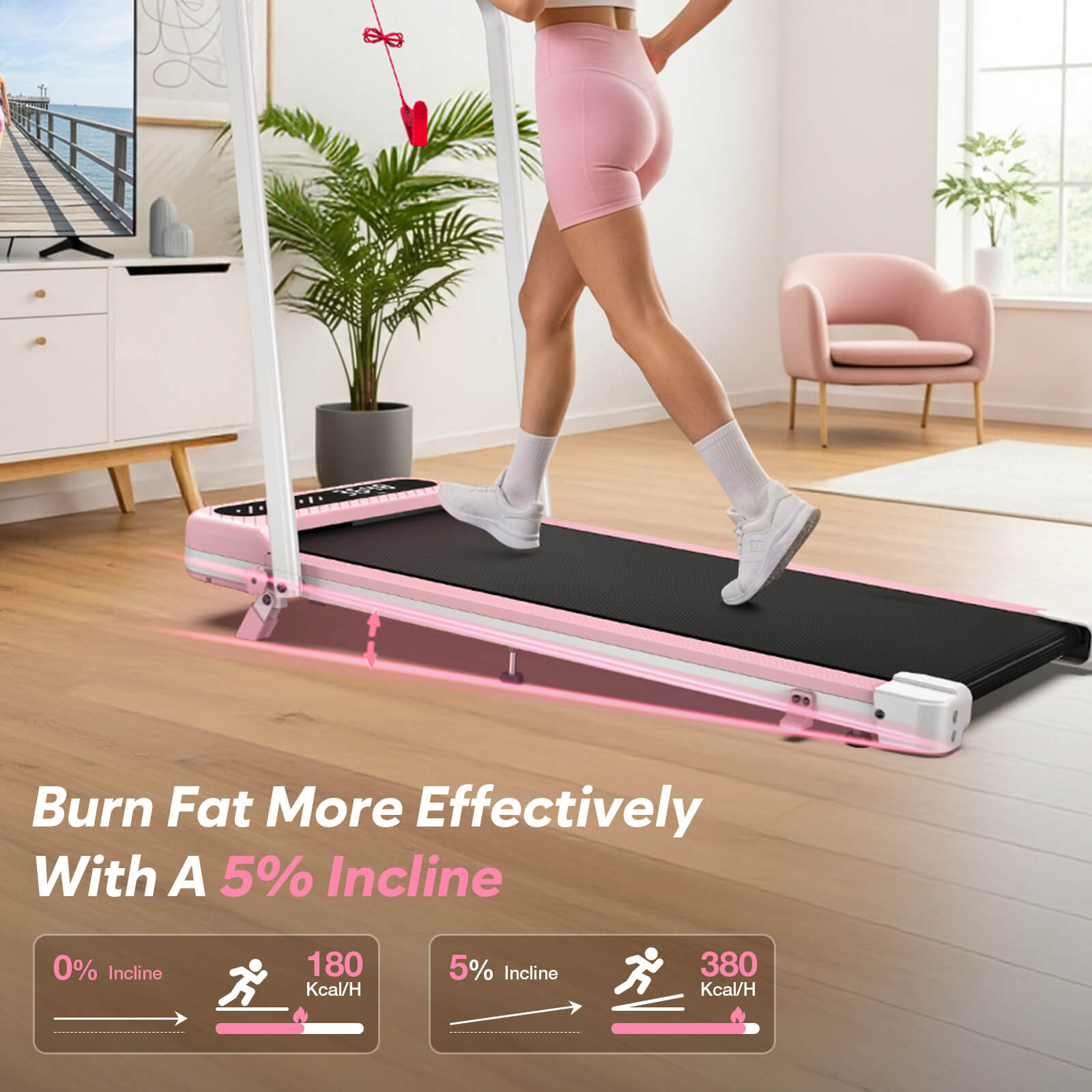 TM037 Pink Walking Pad Folding Treadmill With Incline